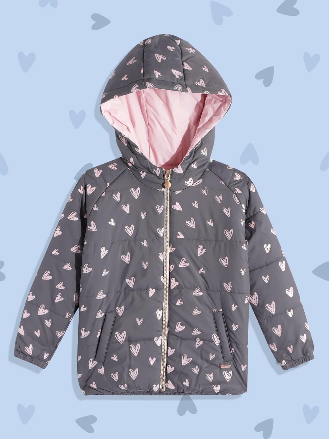 

Wingsfield Girls Grey & Pink Heart Printed Padded Jacket