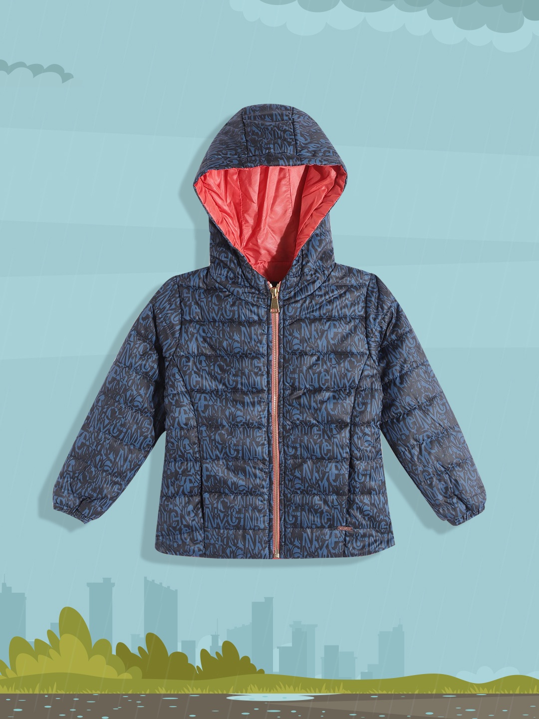 

Wingsfield Girls Navy Blue & Black Printed Padded Jacket