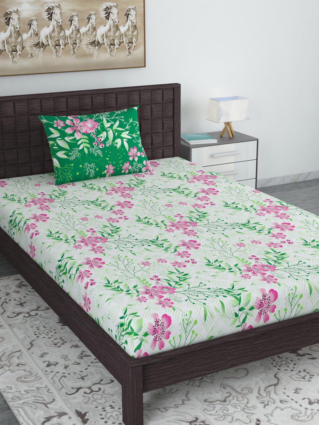 

Divine Casa White & Green Floral 120 TC Single Bedsheet with 1 Pillow Covers