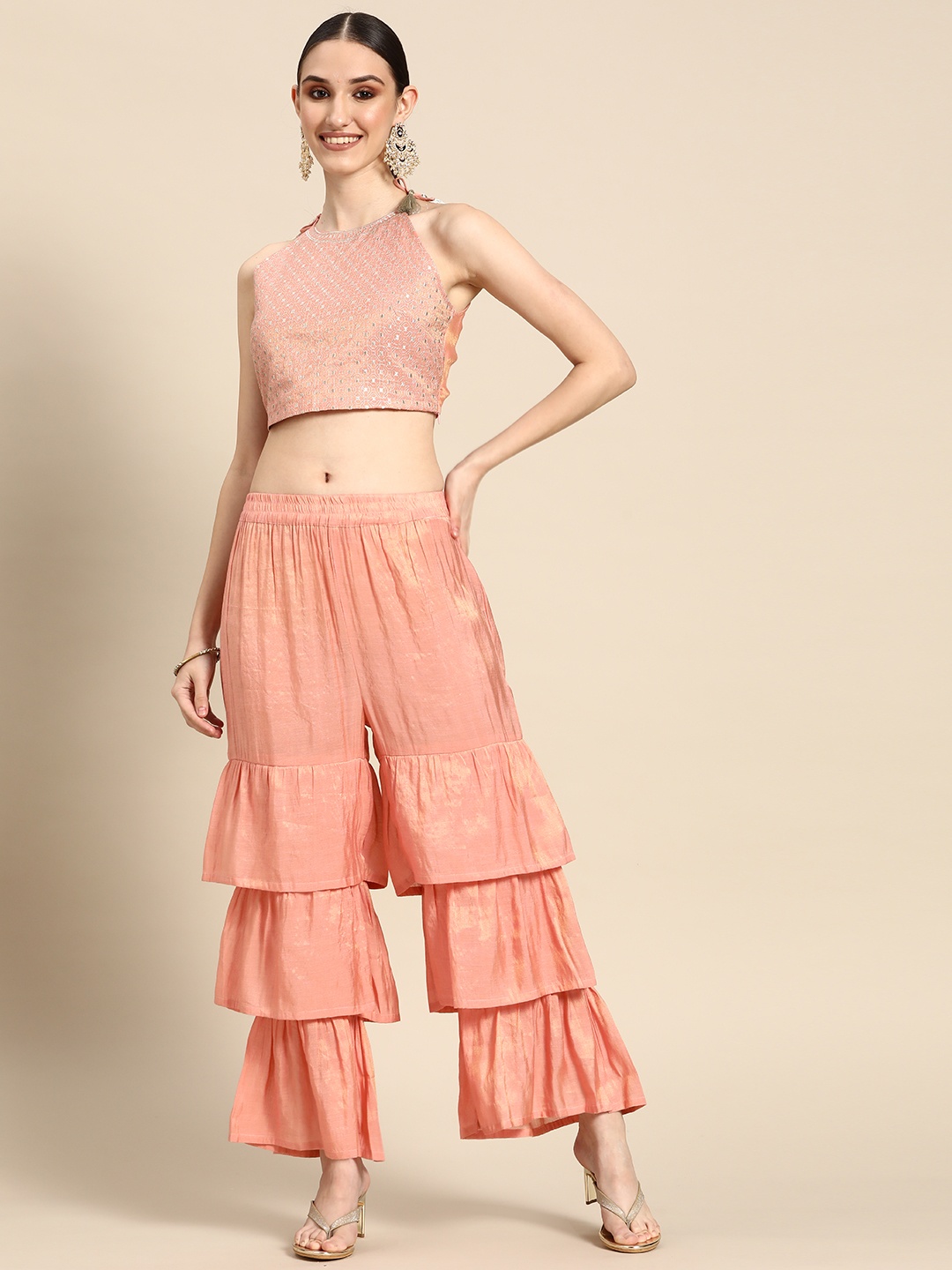 

Sangria Women Embroidered Ethnic Co-Ords, Peach