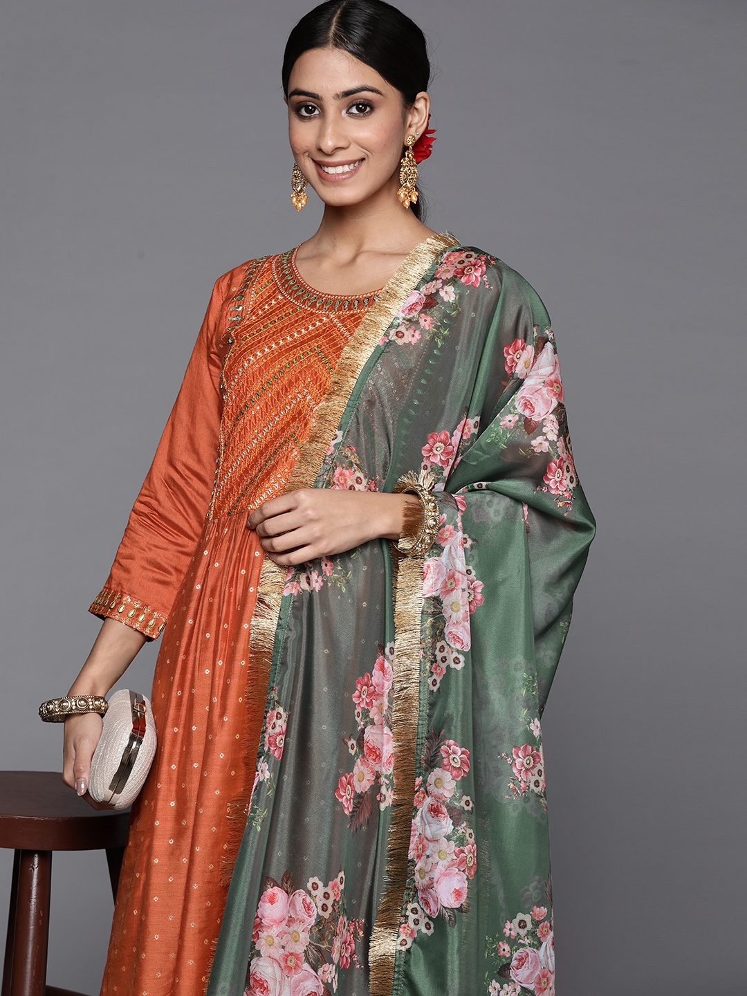 

Varanga Women Rust Orange Embroidered Pleated Sequinned Kurta with Trousers & Dupatta