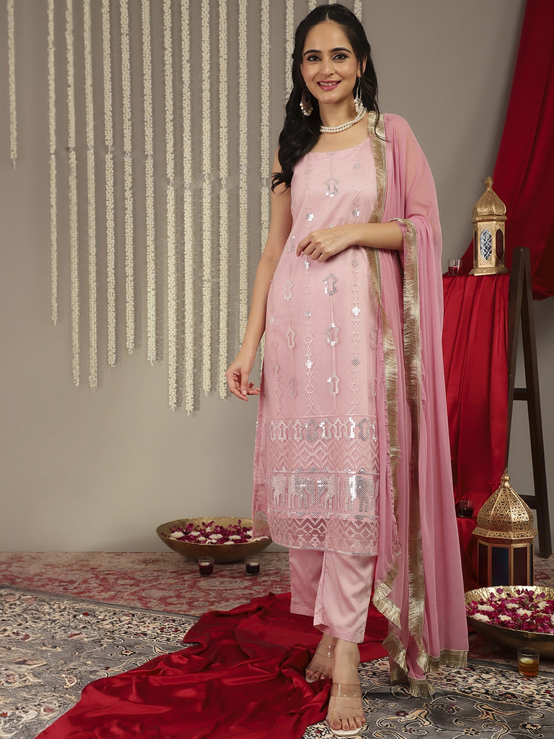 

Varanga Women Pink & Silver Ethnic Embroidered Sequinned Kurta with Trousers & Dupatta