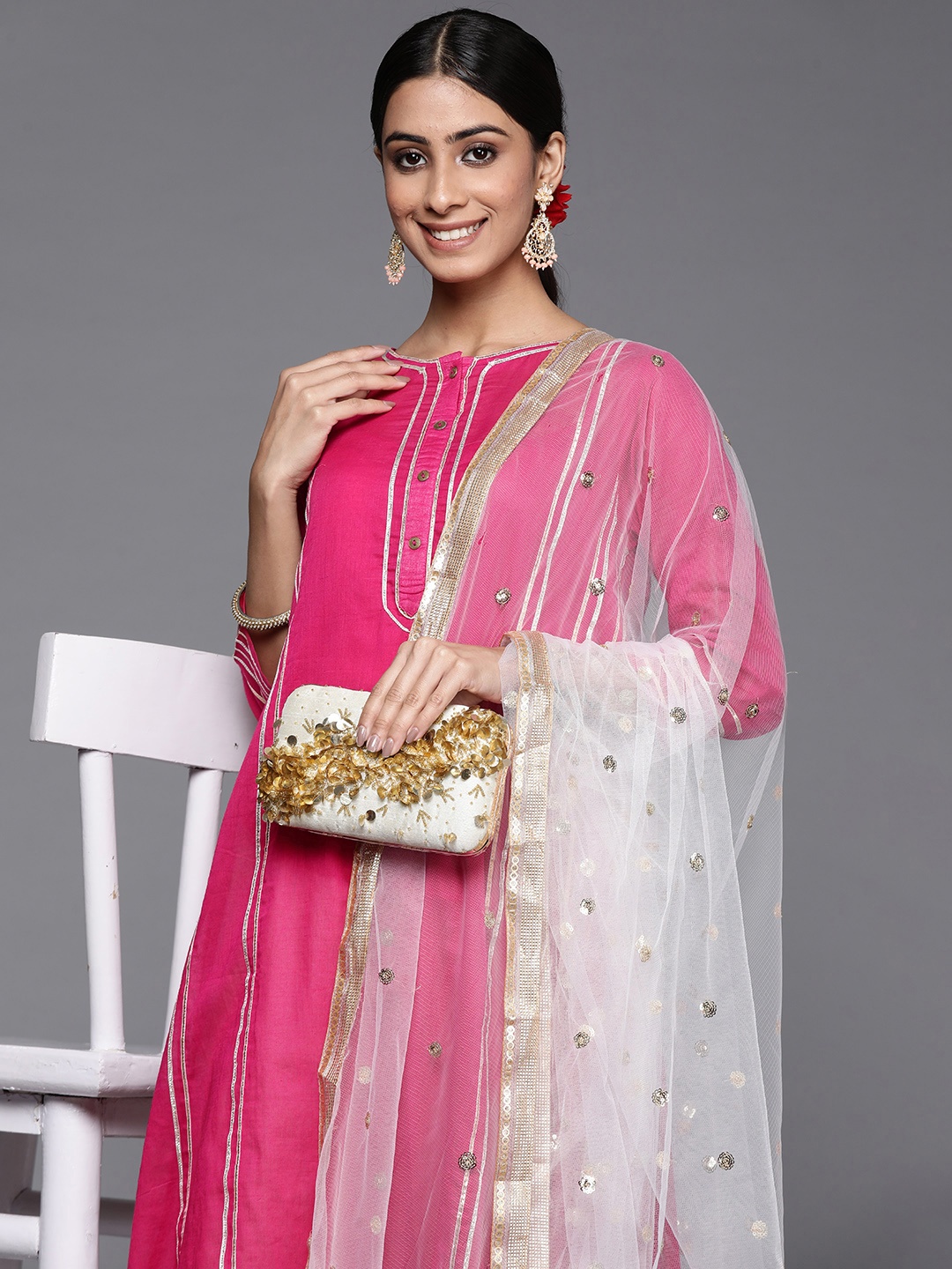 

Varanga Women Pink Yoke Design Pleated Gotta Patti Cotton Kurta with Palazzos & Dupatta