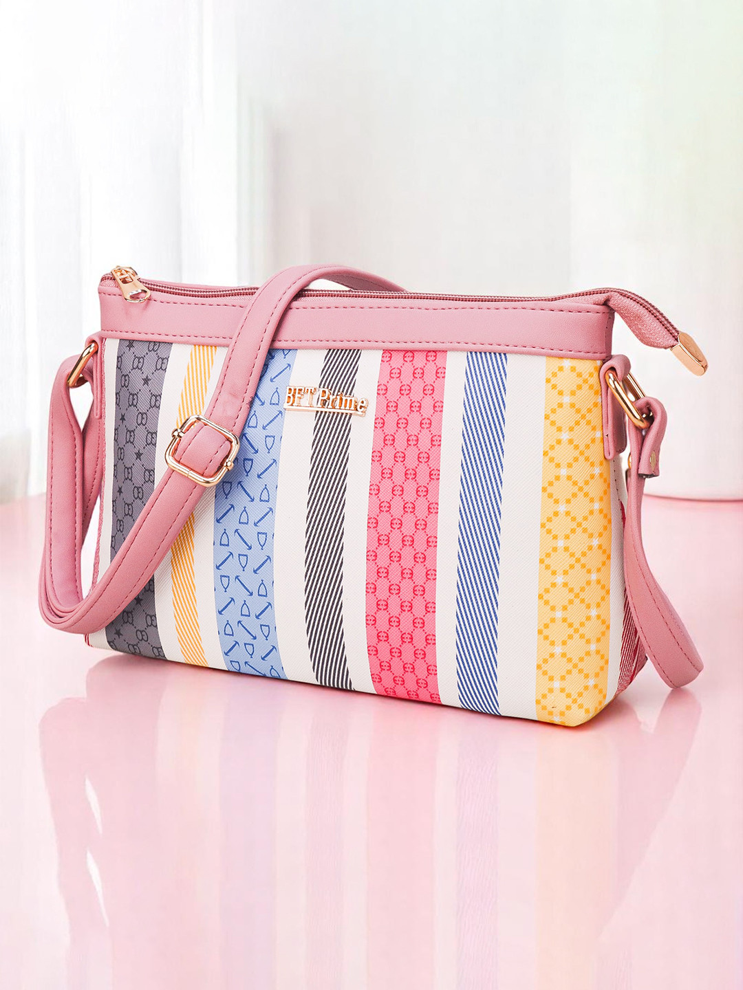 WOMEN MARKS Peach-Coloured Printed PU Bucket Sling Bag with Tasselled