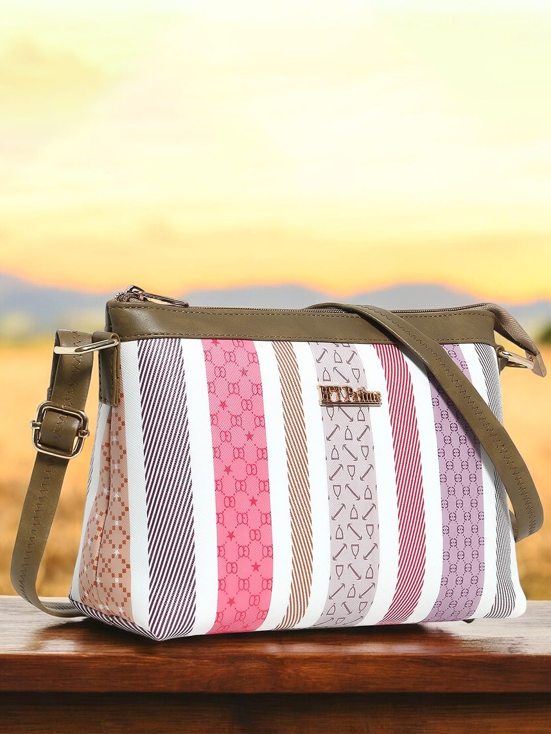 

WOMEN MARKS Khaki PU Structured Sling Bag with Cut Work