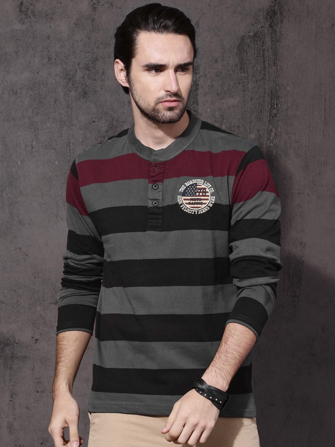 

Roadster Men Charcoal Grey & Black Striped Henley Neck T-shirt