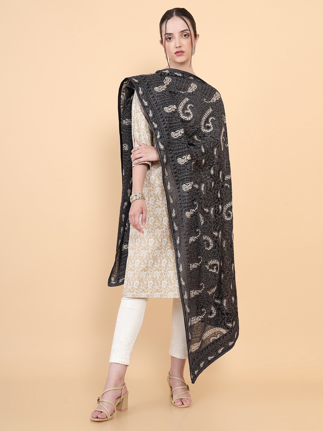 

Soch Black And Gold-Toned Embroidered Dupatta