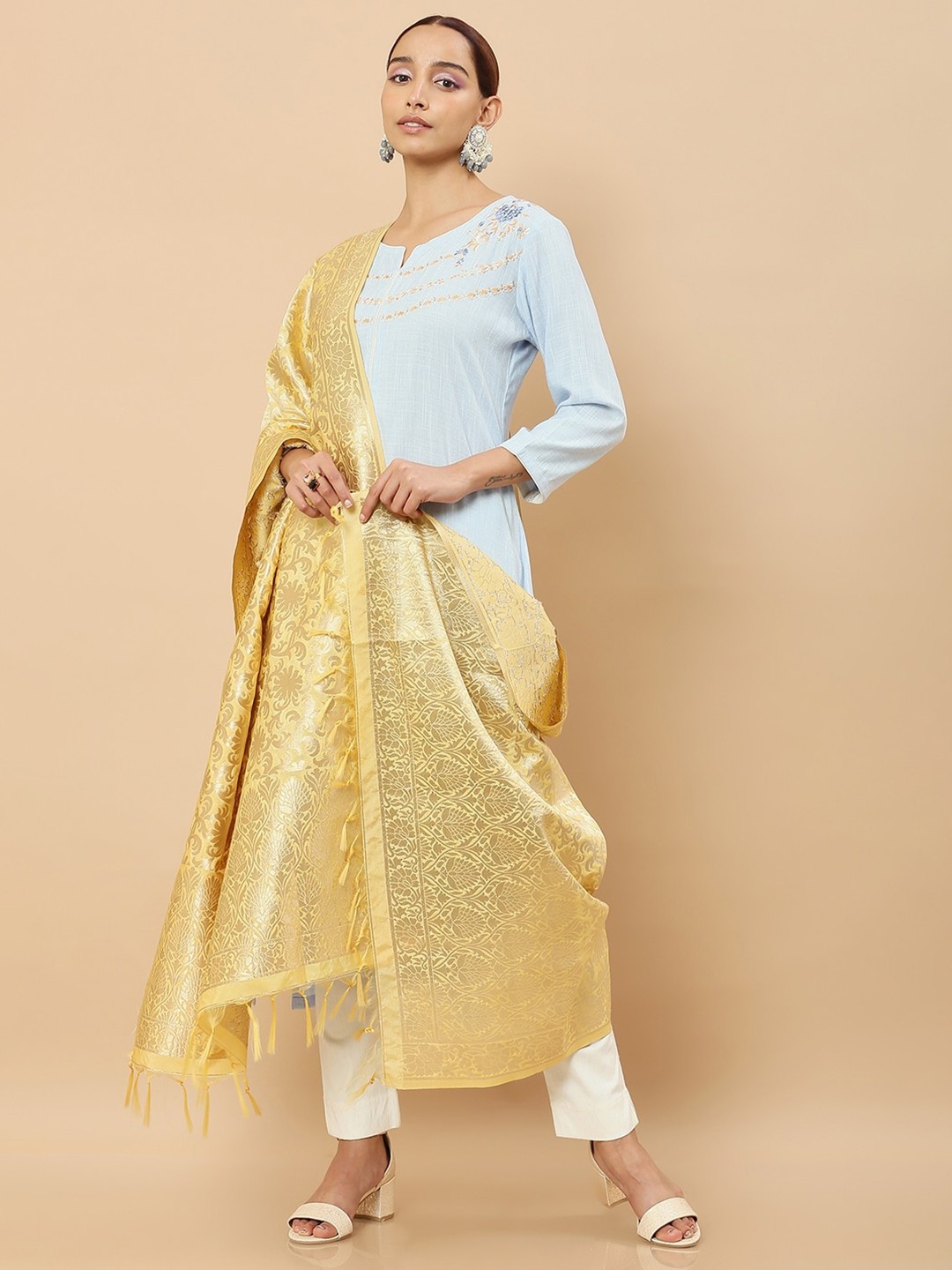 

Soch Women Gold-Toned & Yellow Woven Design Dupatta with Zari