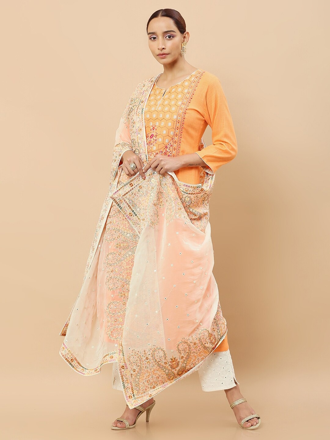

Soch Off White & Cream-Coloured Embroidered Organza Dupatta with Thread Work