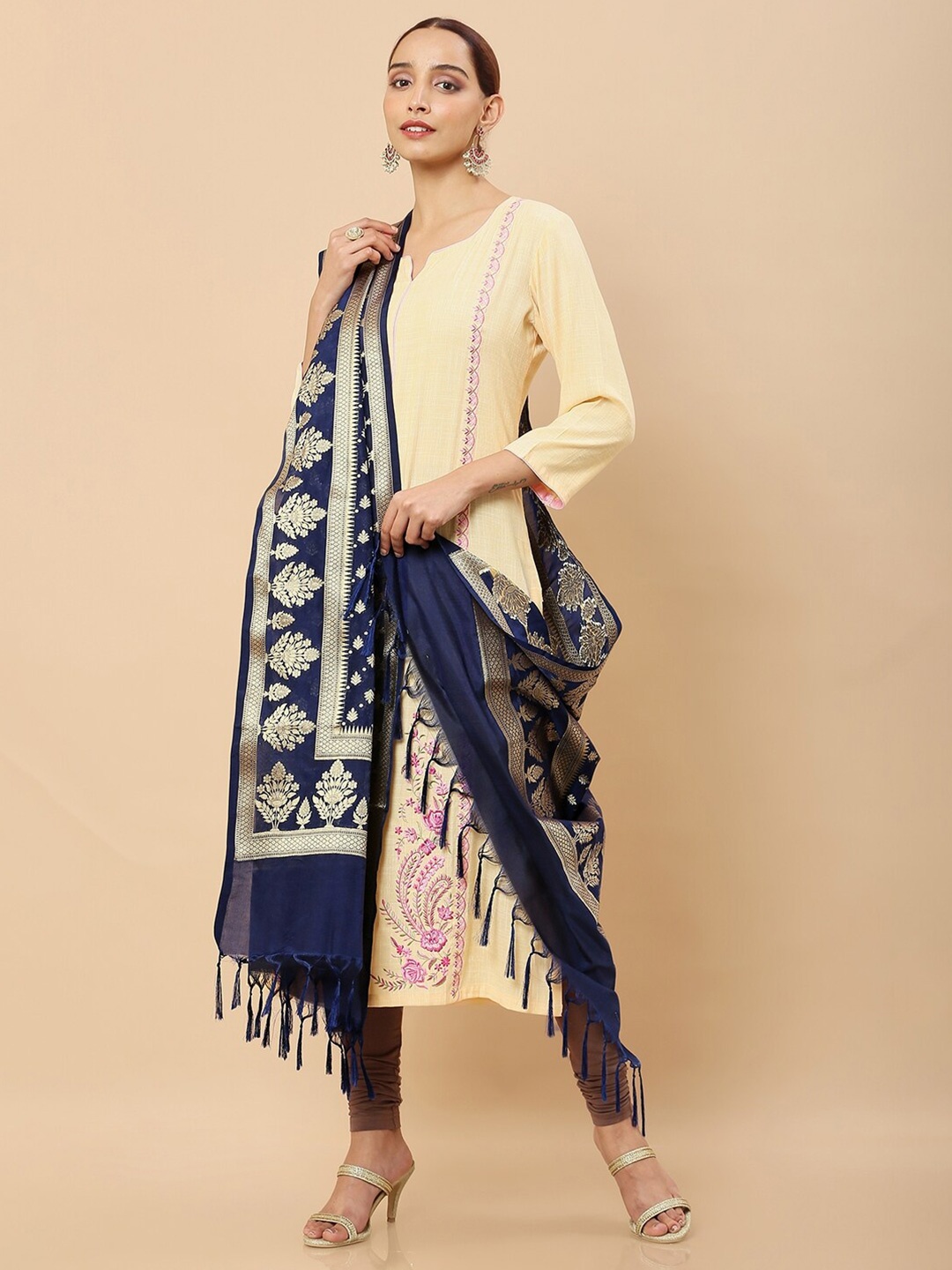 

Soch Women Blue & Gold-Toned Woven Design Dupatta with Zari
