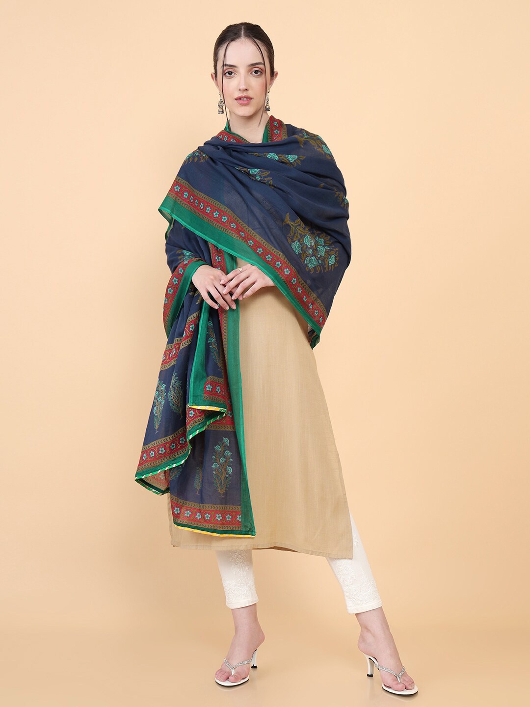 

Soch Navy Blue & Red Printed Pure Cotton Block Print Dupatta