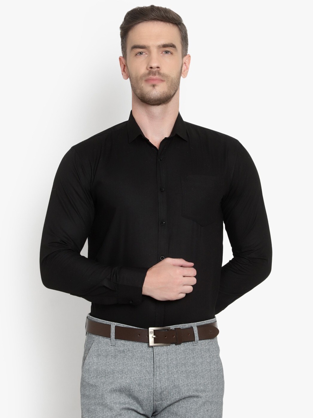 

BAWERIN Men Solid Pure Cotton Formal Shirt, Black