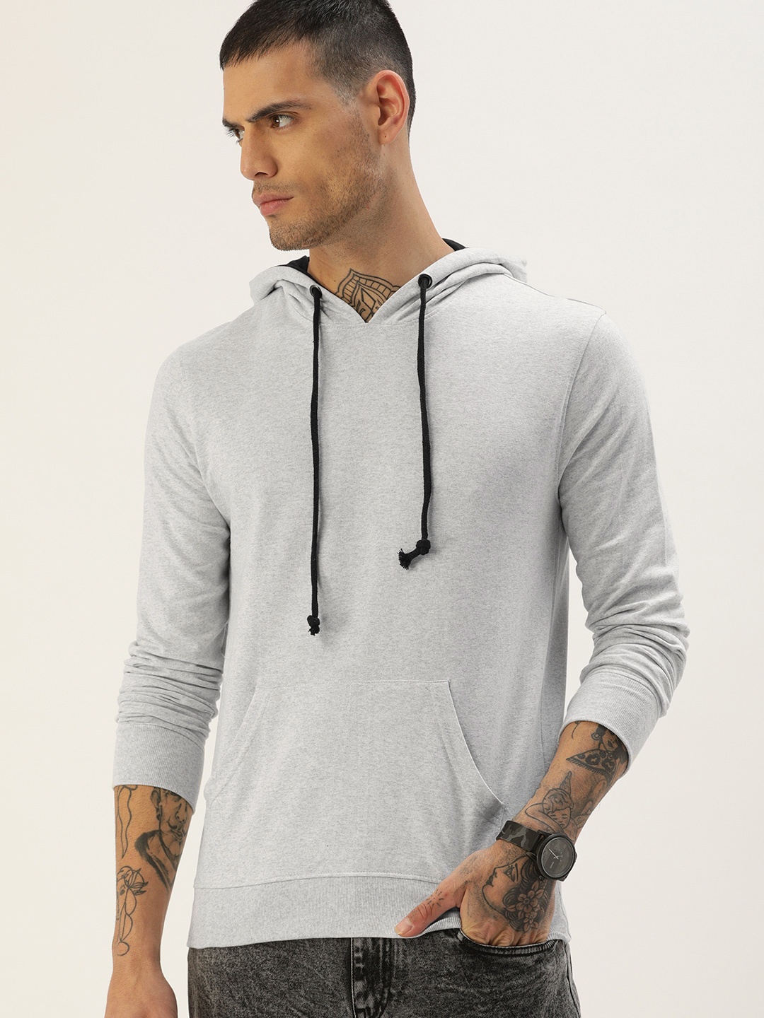 

ARISE Men Grey Melange Hooded Solid Sweatshirt