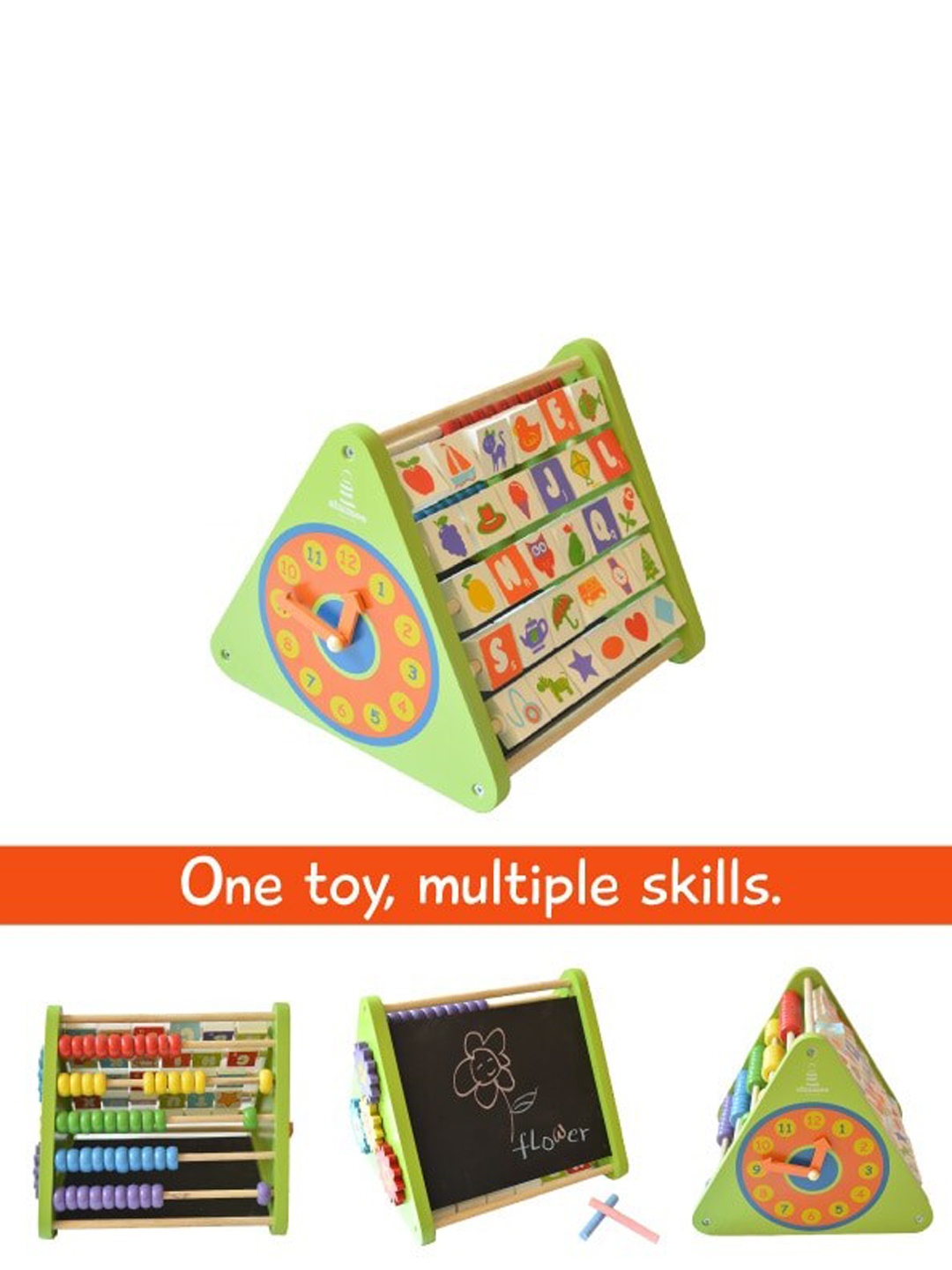 

shumee Kids Green Printed 5-in-1 Wooden Activity Triangle Learning Toy