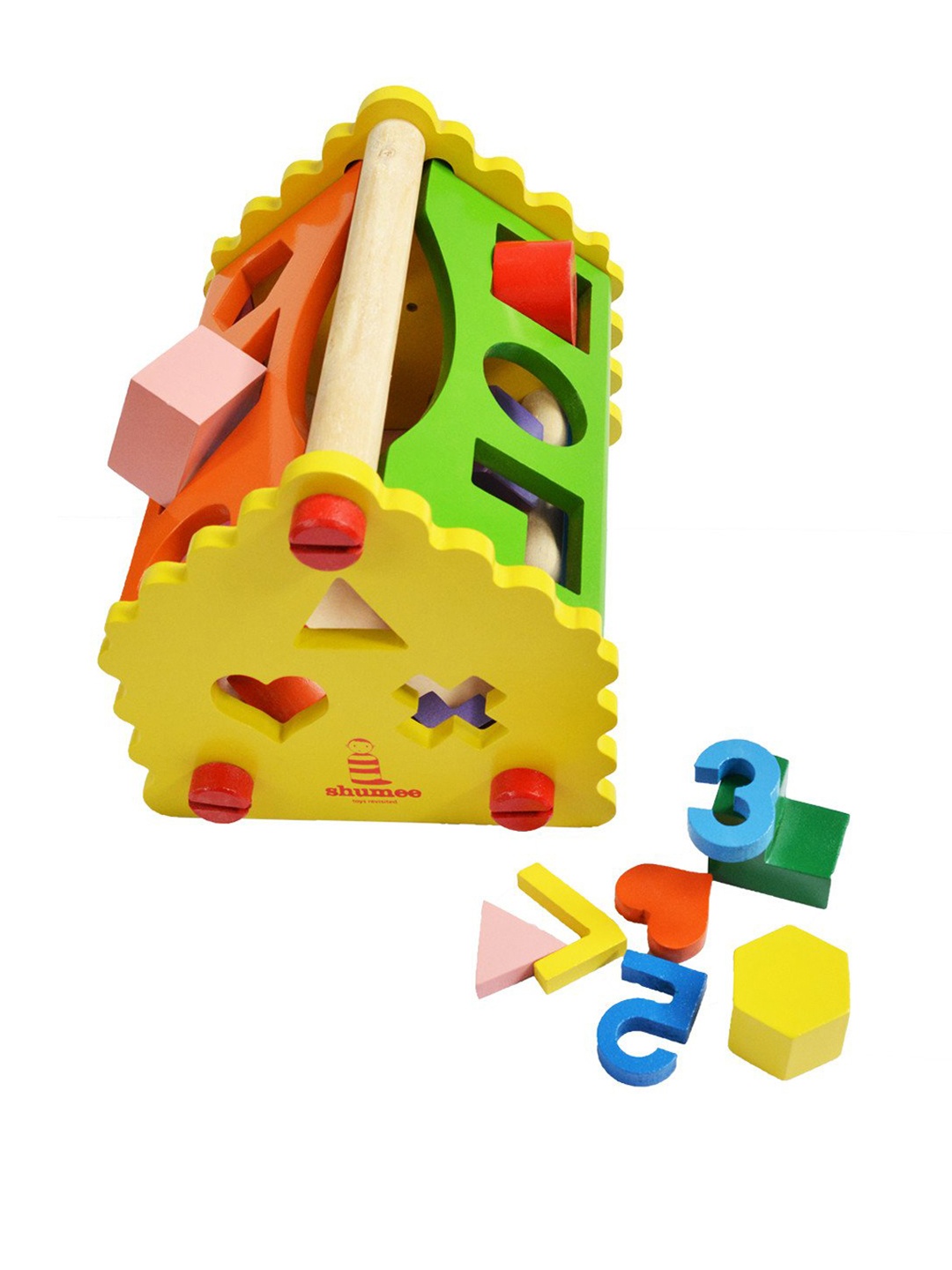

shumee Kids Yellow & Orange 3-in-1 Wooden Number & Shape Sorting House