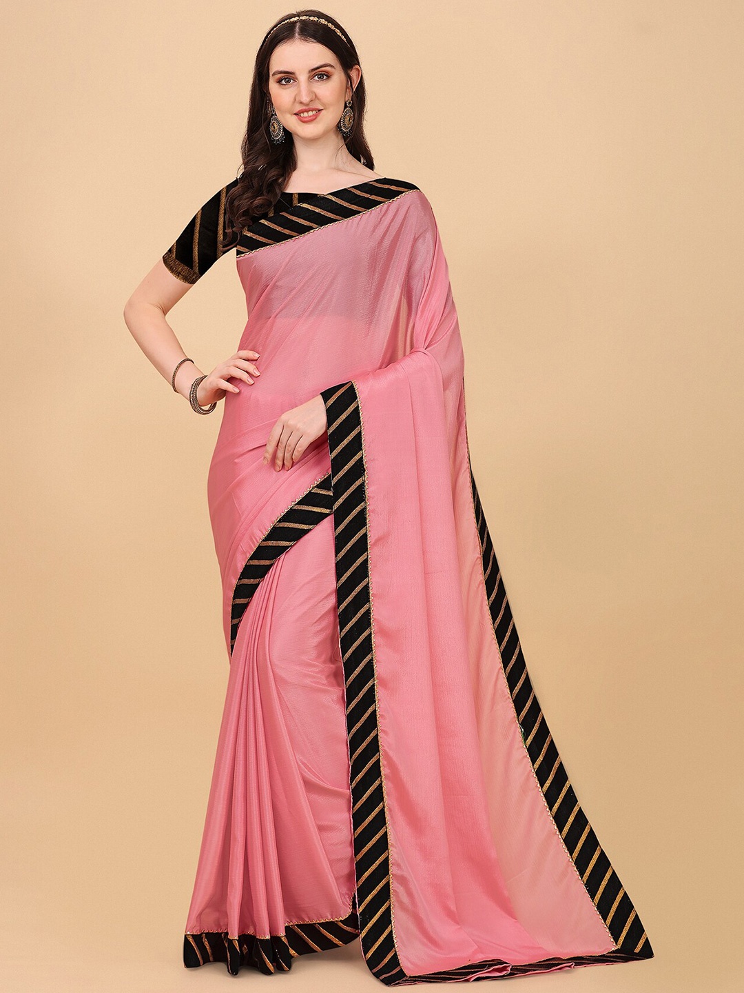 

Indian Fashionista Pink & Black Chikankari Satin Baluchari Saree