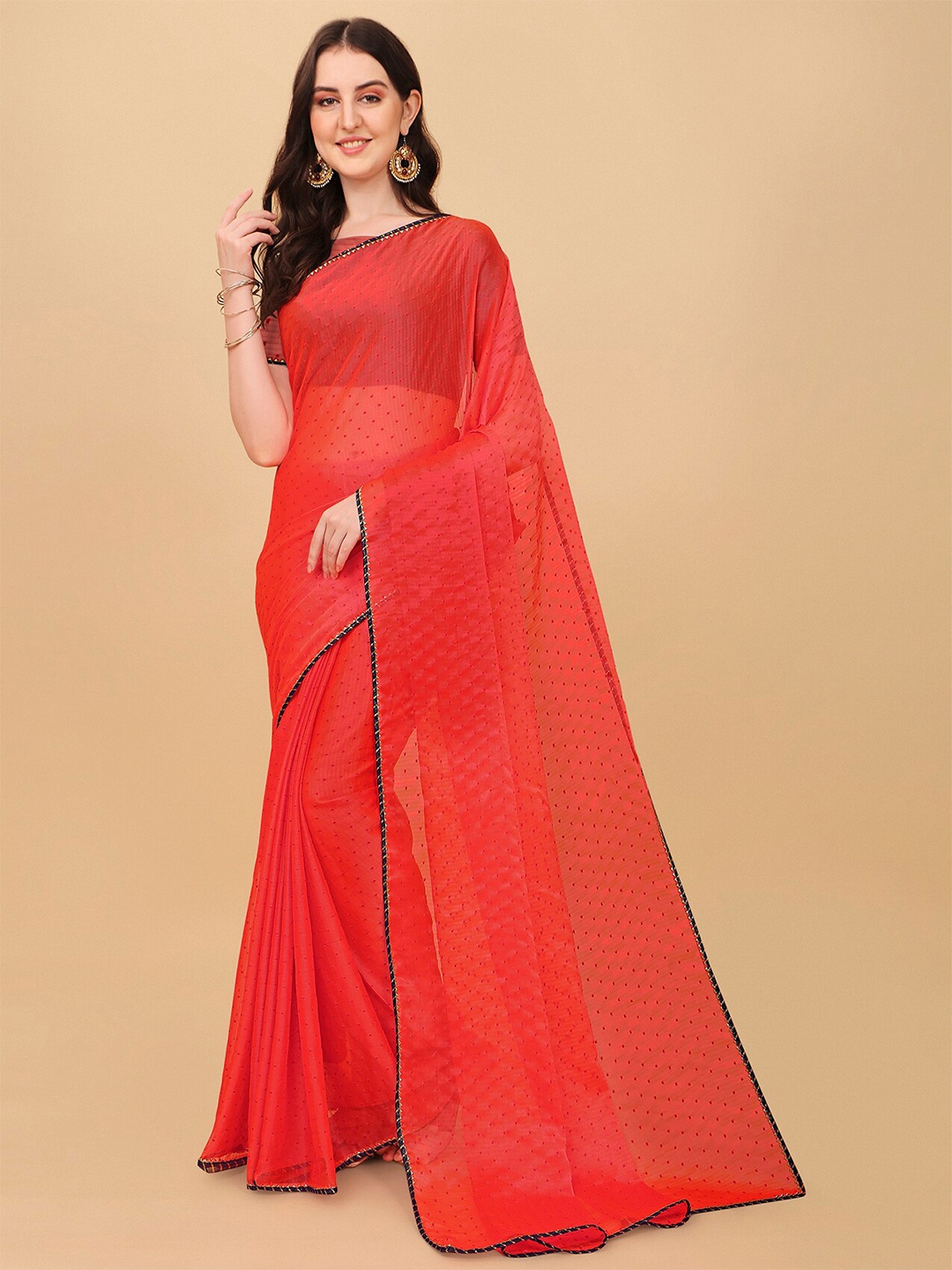 

Indian Fashionista Coral Woven Design Mukaish Art Silk Tussar Saree