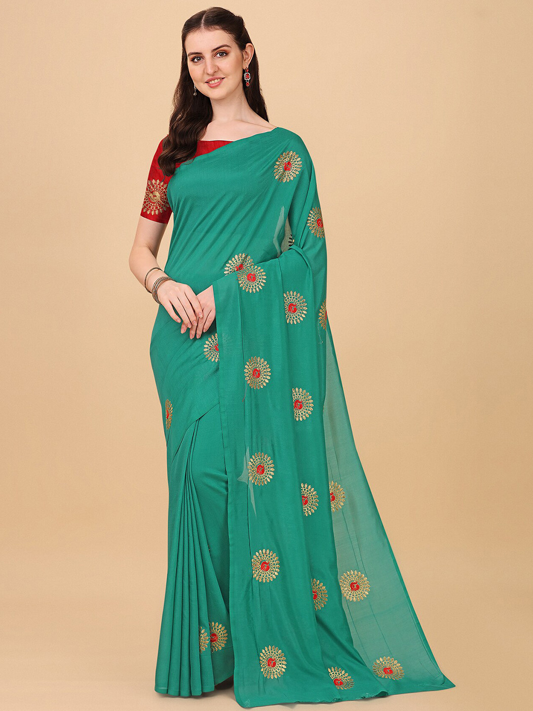 

Indian Fashionista Green & Red Ethnic Motifs Embroidered Organza Mysore Silk Saree
