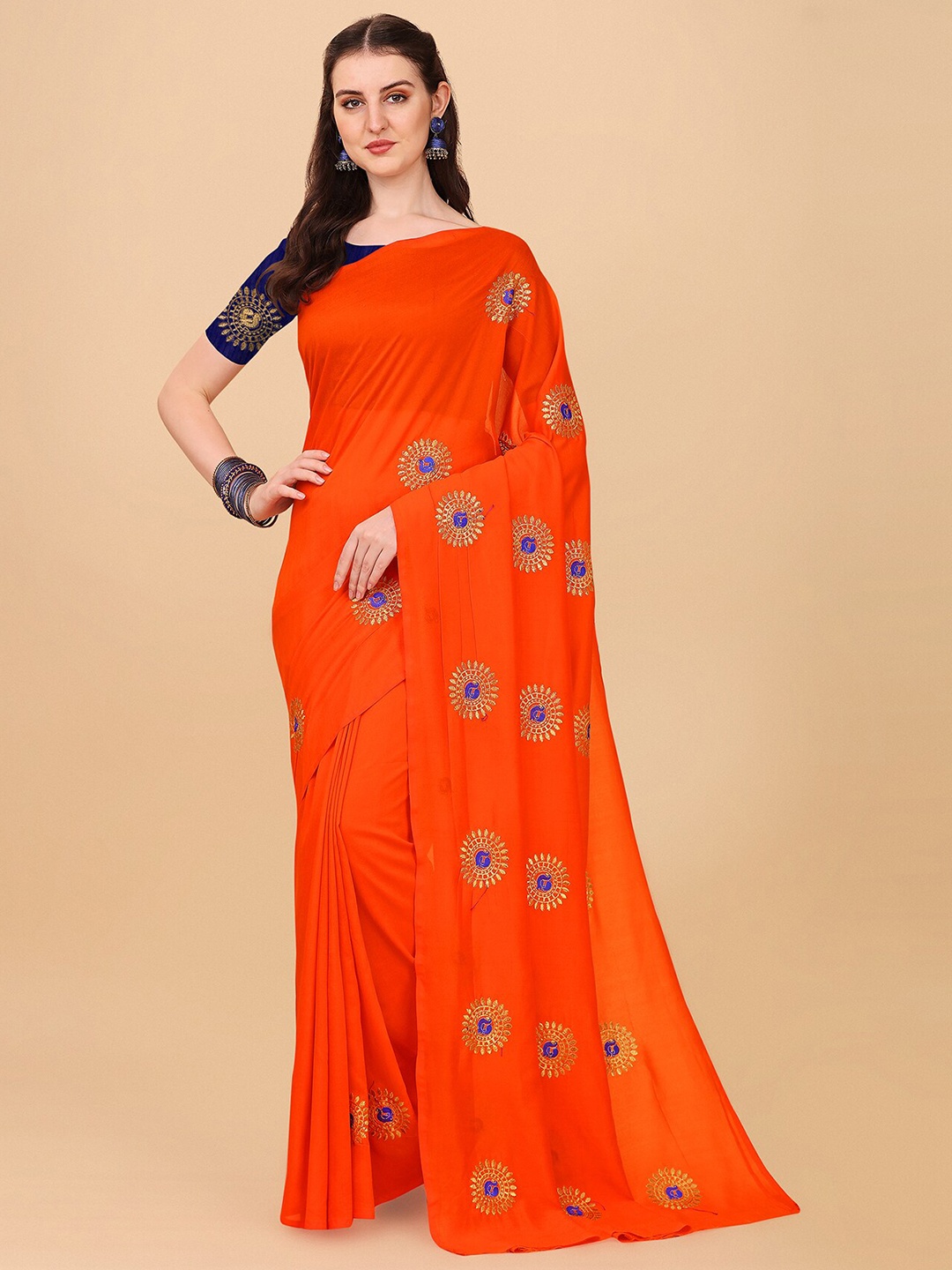 

Indian Fashionista Orange & Gold-Toned Floral Embroidered Organza Mysore Silk Saree
