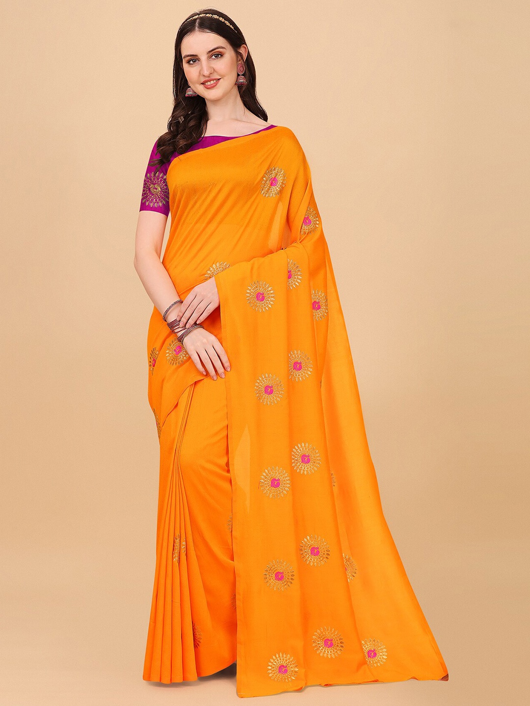 

Indian Fashionista Yellow & Pink Embellished Embroidered Organza Mysore Silk Saree