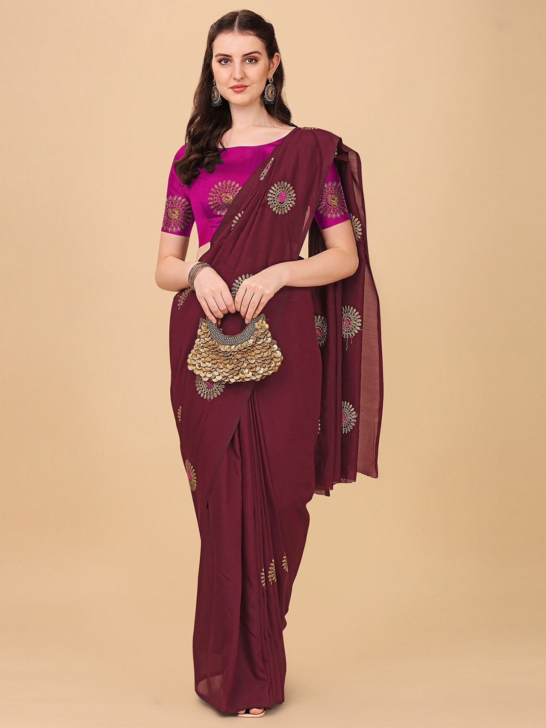 

Indian Fashionista Brown & Gold-Toned Floral Embroidered Organza Mysore Silk Saree