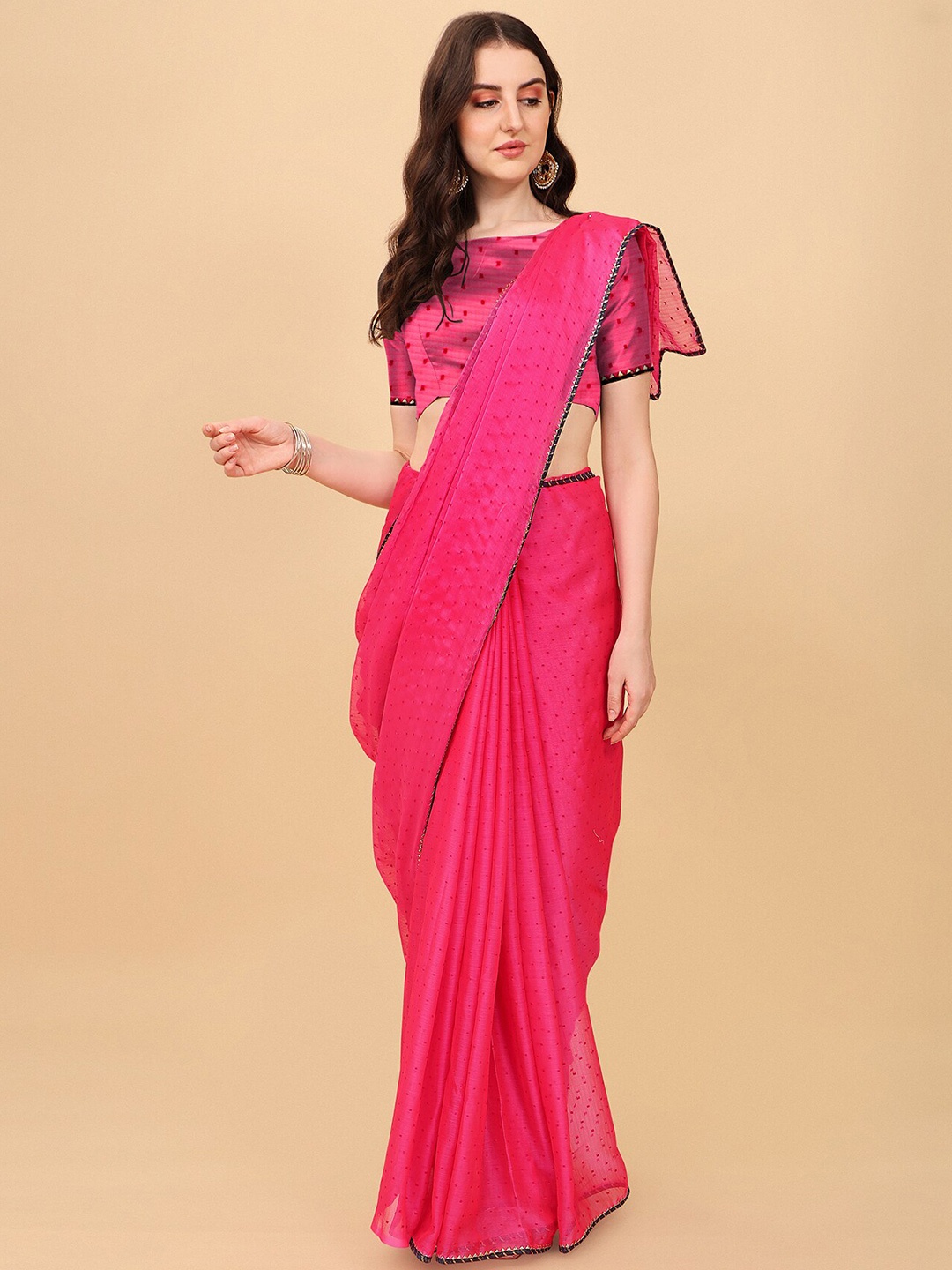 

Indian Fashionista Pink Woven Design Art Silk Tussar Saree