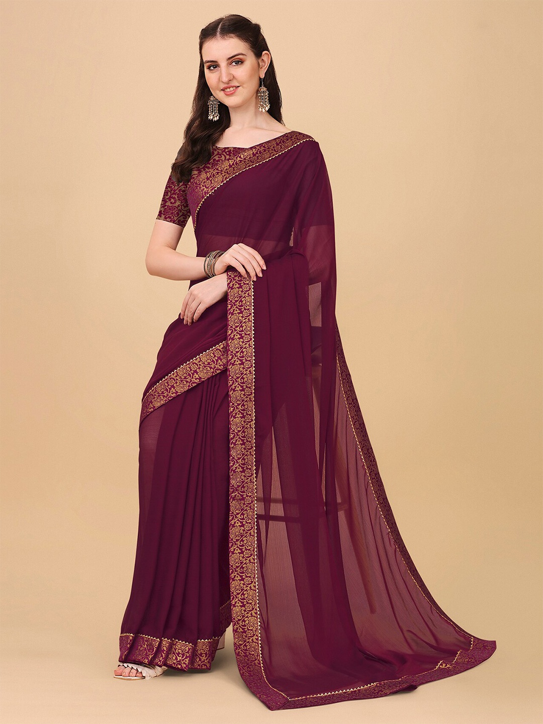 

Indian Fashionista Maroon And Gold Toned Sequinned Khandua Silk Kota Saree