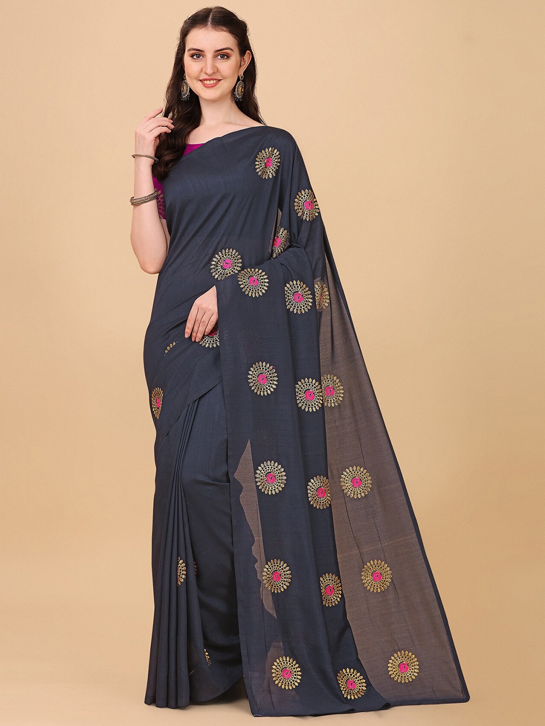 

Indian Fashionista Black And Gold-Toned Floral Embroidered Organza Mysore Silk Saree