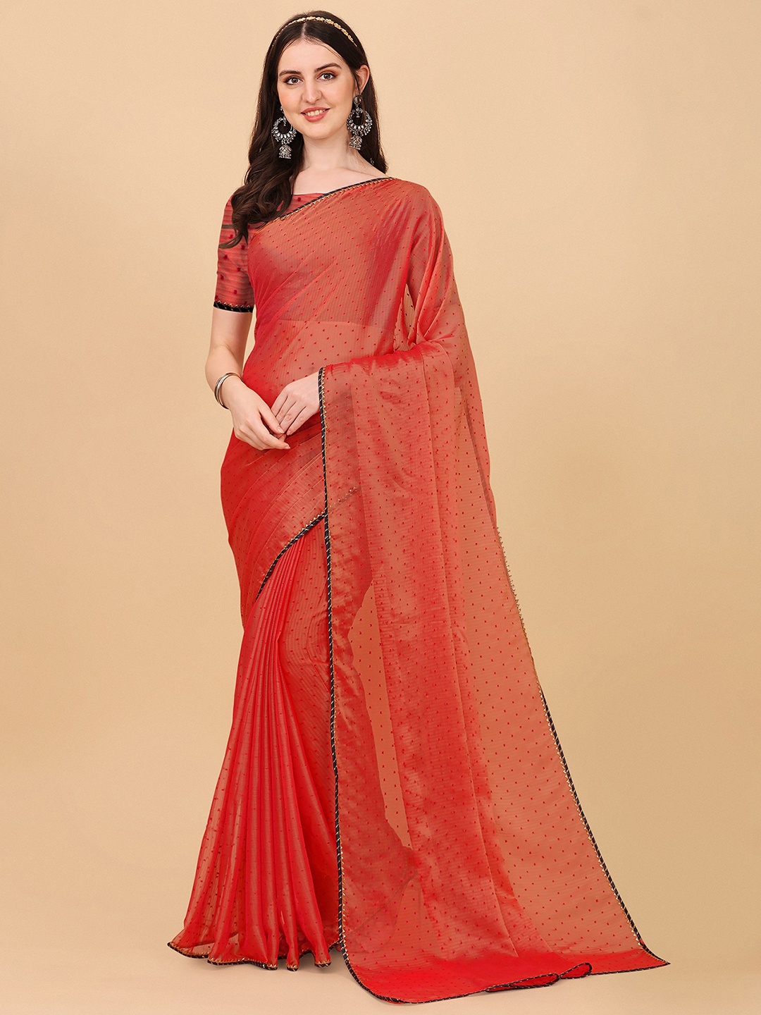 

Indian Fashionista Red Woven Design Mukaish Art Silk Tussar Saree
