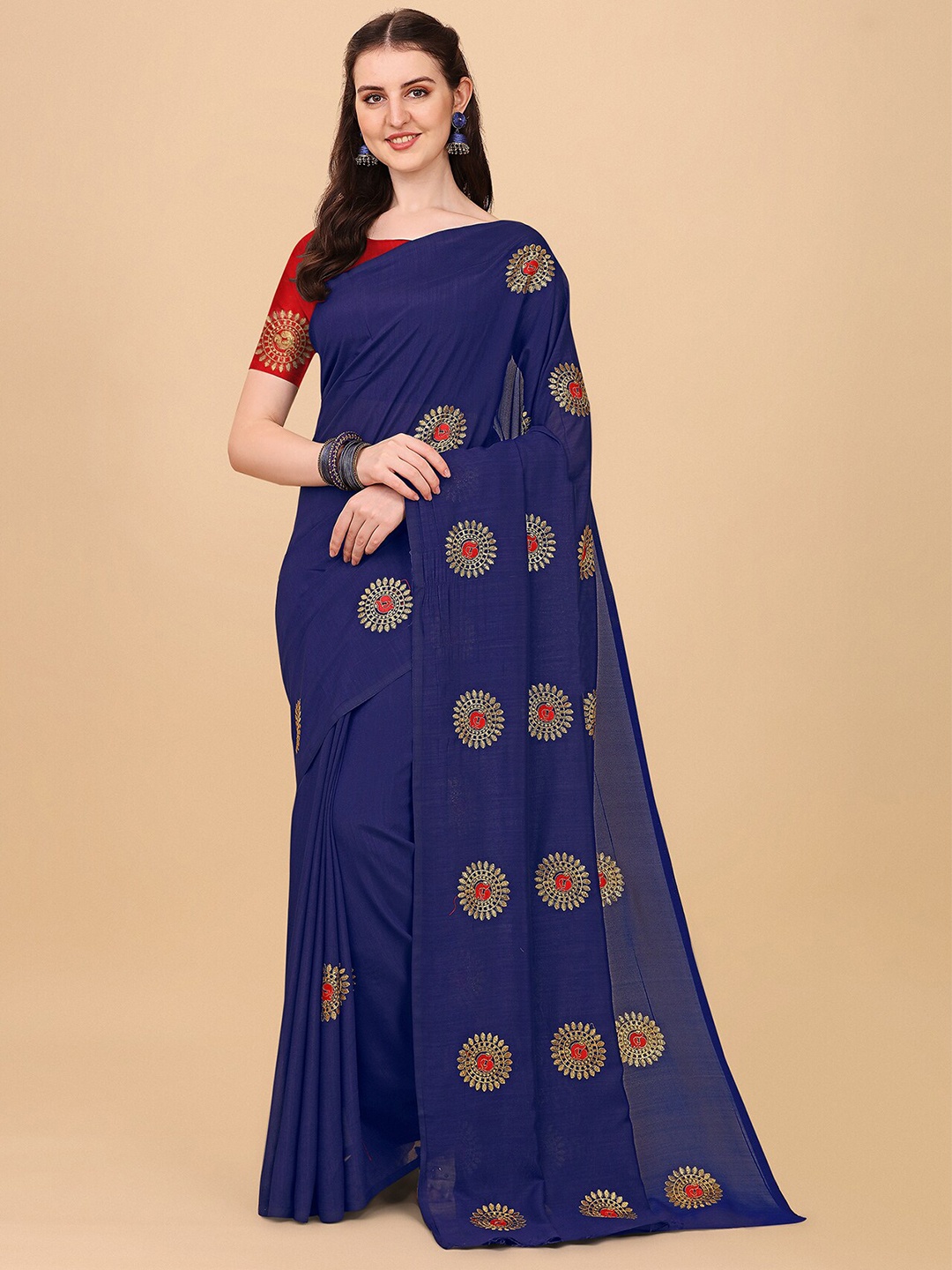 

Indian Fashionista Blue And Gold Toned Floral Embroidered Organza Mysore Silk Saree