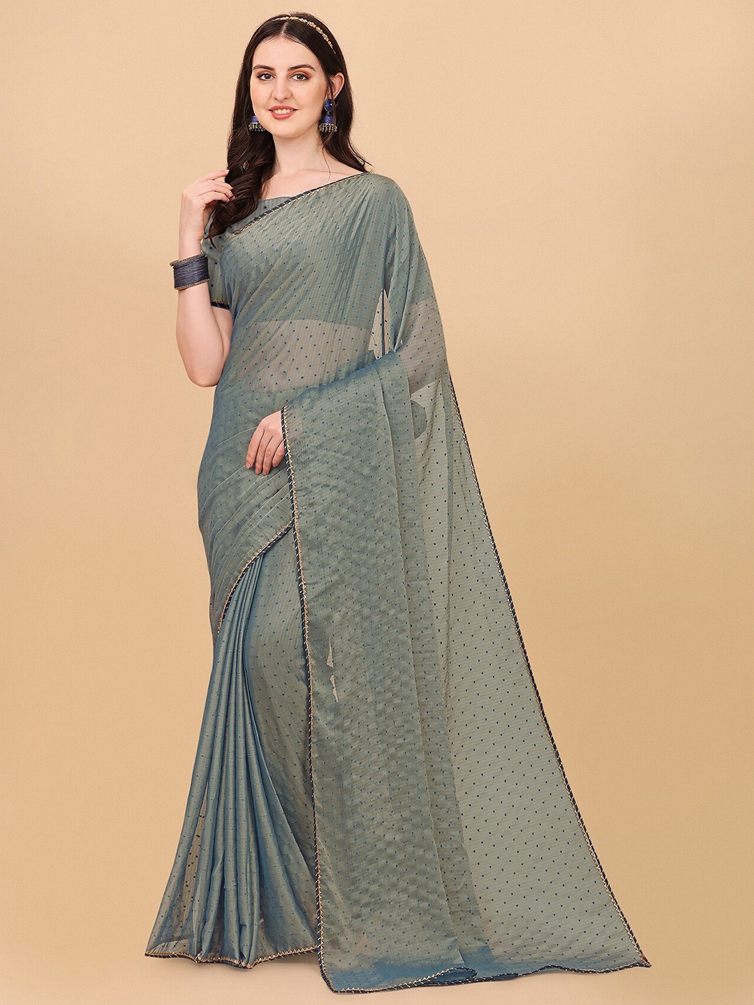 

Indian Fashionista Grey And Blue Woven Design Mukaish Art Silk Tussar Saree