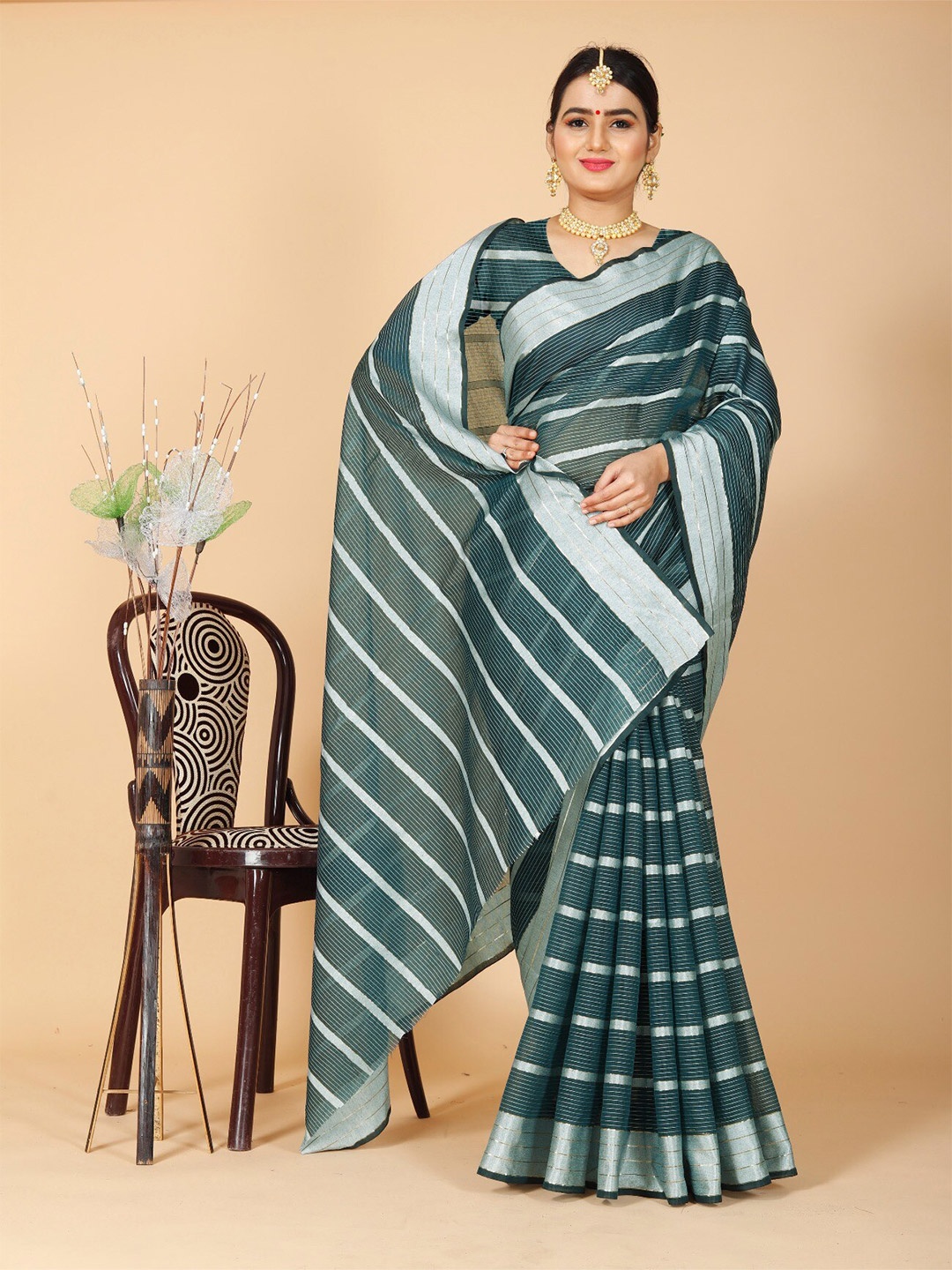 

Indian Fashionista Turquoise Blue Striped Zari Border Khadi Saree