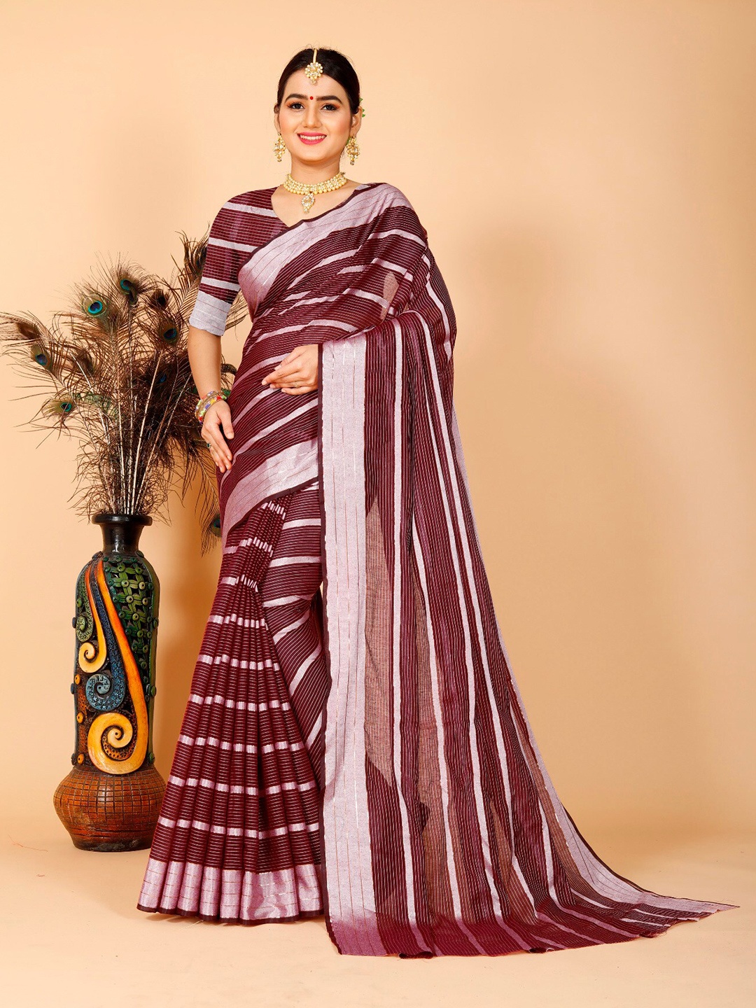 

Indian Fashionista Maroon And White Striped Zari Border Khadi Saree