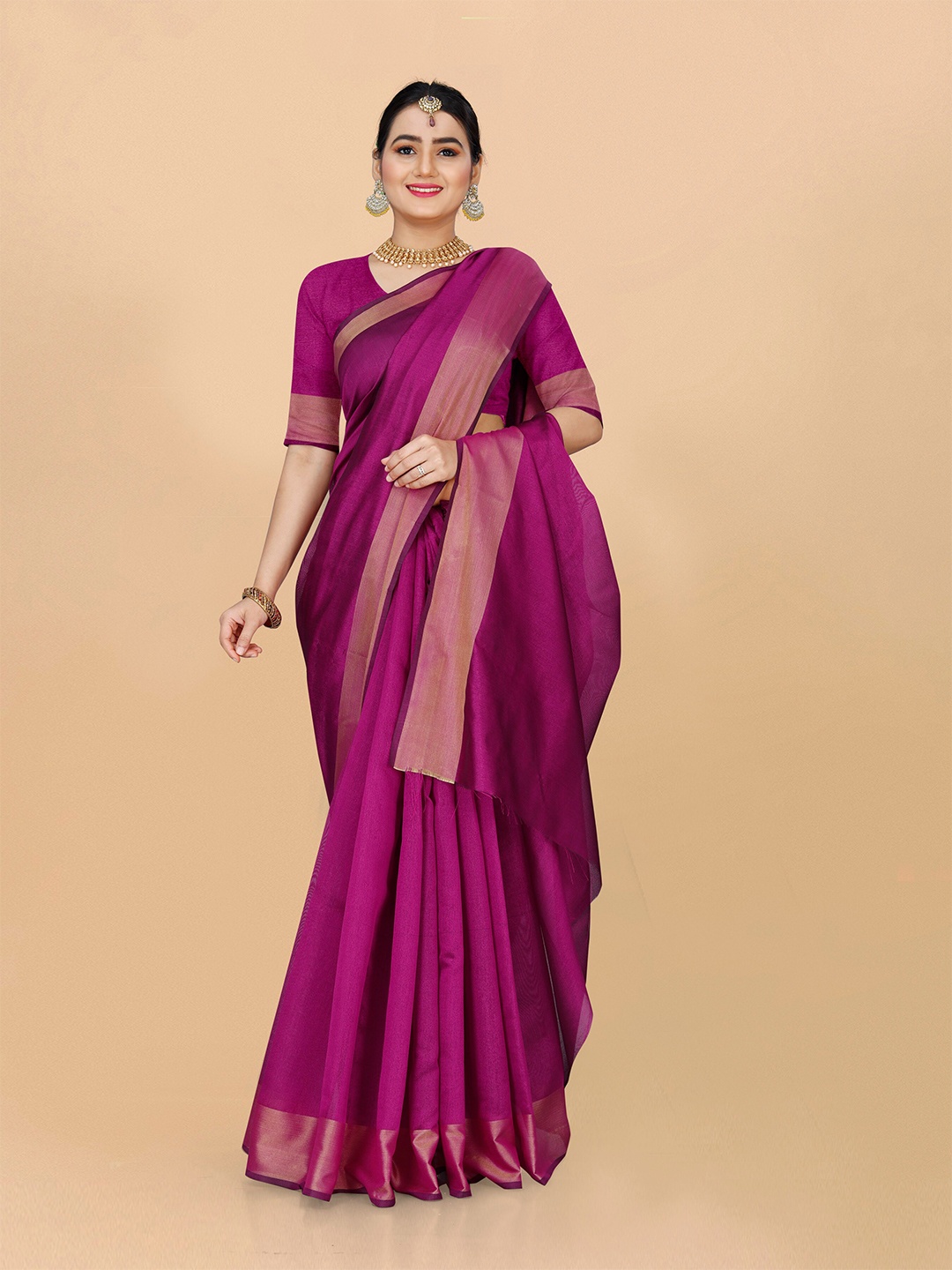

Indian Fashionista Pink And Gold Toned Zari Border Chettinad Saree