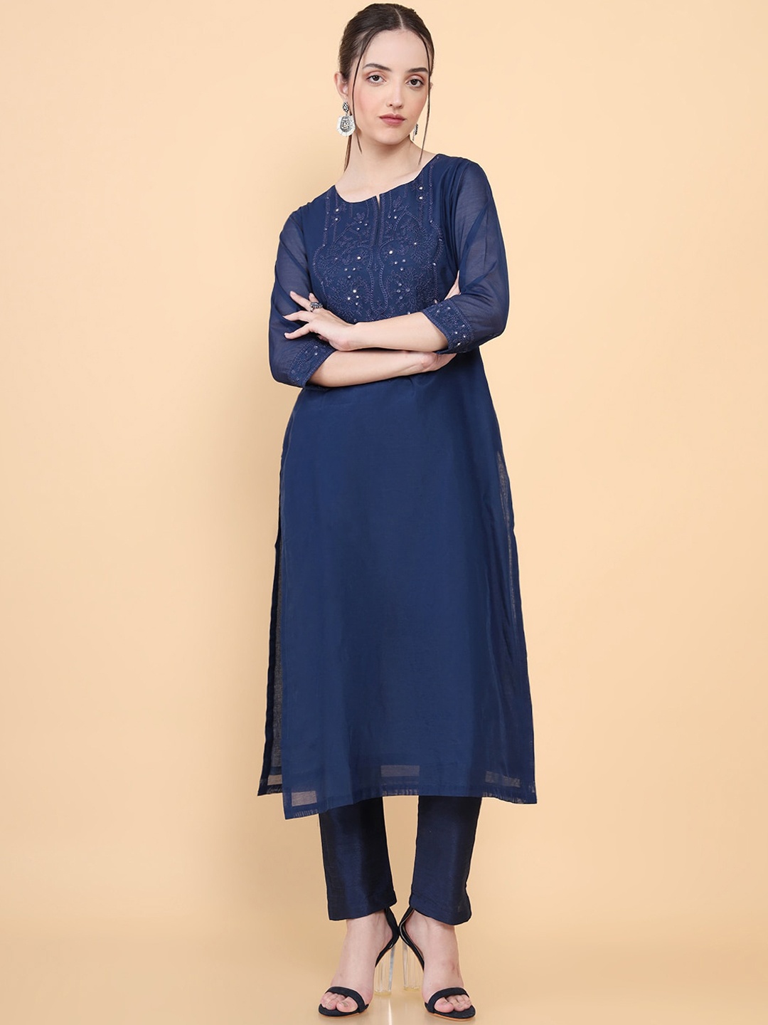 

Soch Women Navy Blue Geometric Yoke Design Flared Sleeves Chanderi Silk Kurta