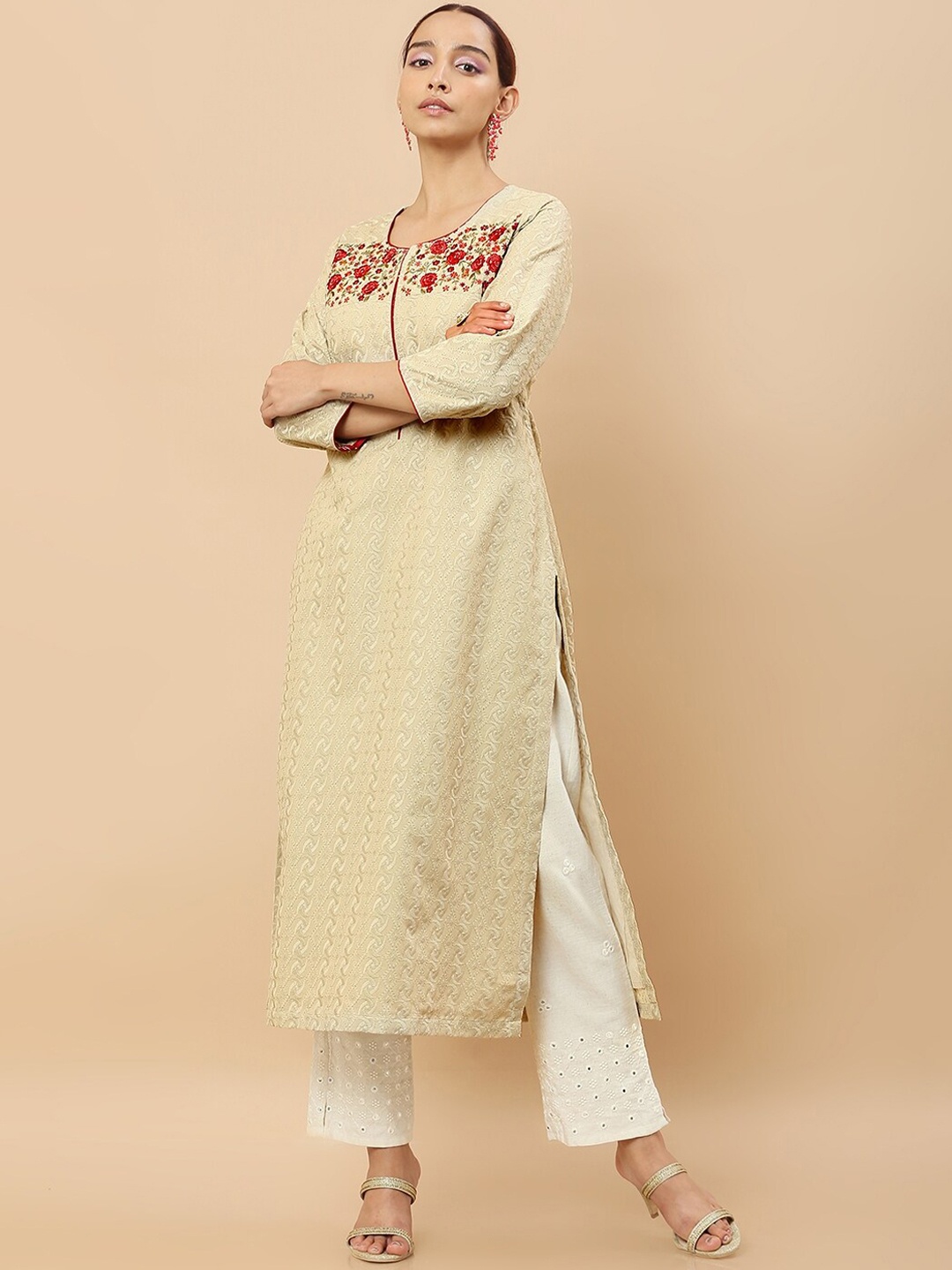 

Soch Women Beige Yoke Design Flared Sleeves Mirror Work Kurta