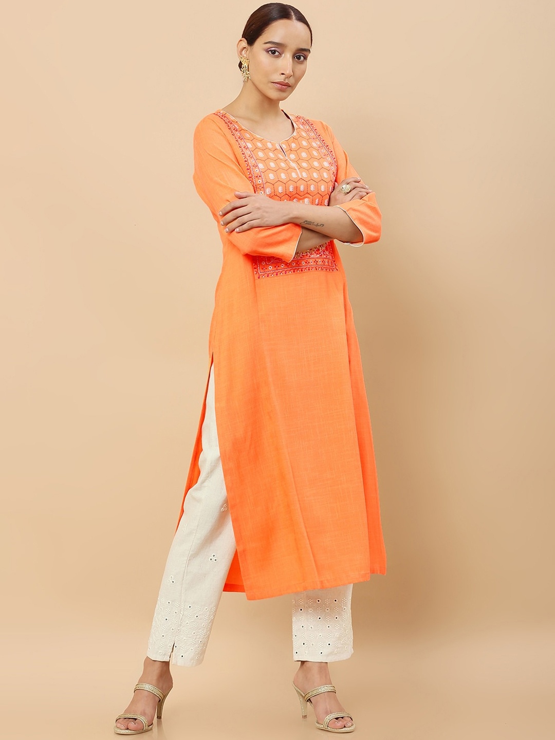 

Soch Women Orange Ethnic Motifs Yoke Design Thread Work Kurta