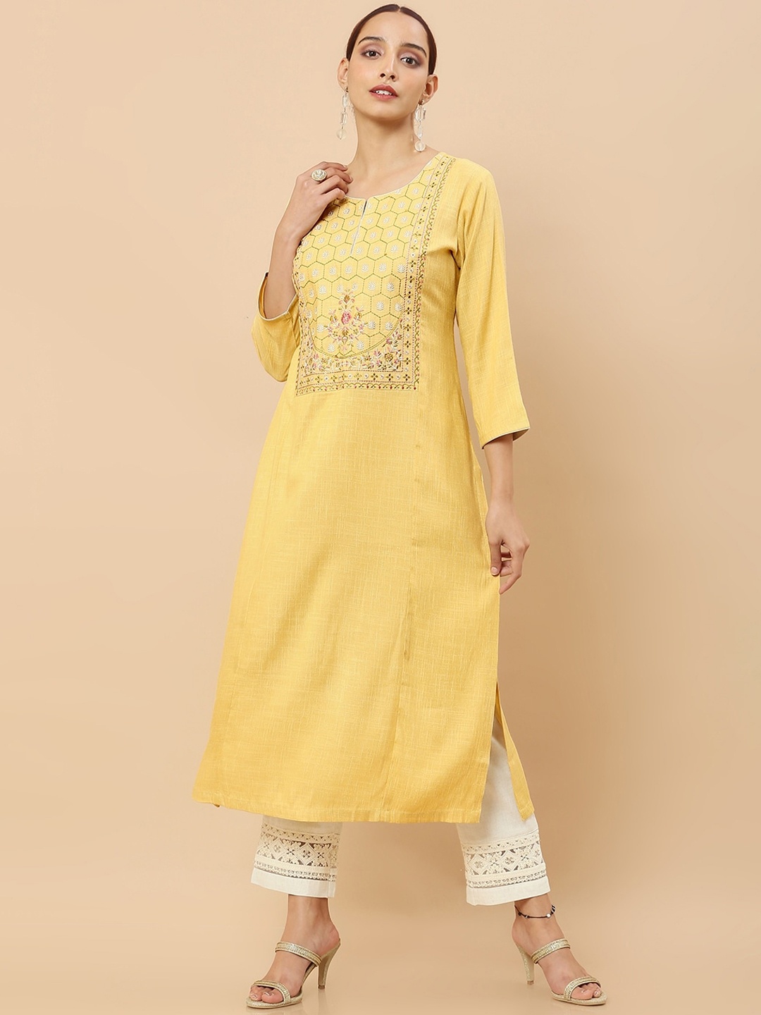 

Soch Women Mustard Yellow Embroidered Flared Sleeves Thread Work Kurta