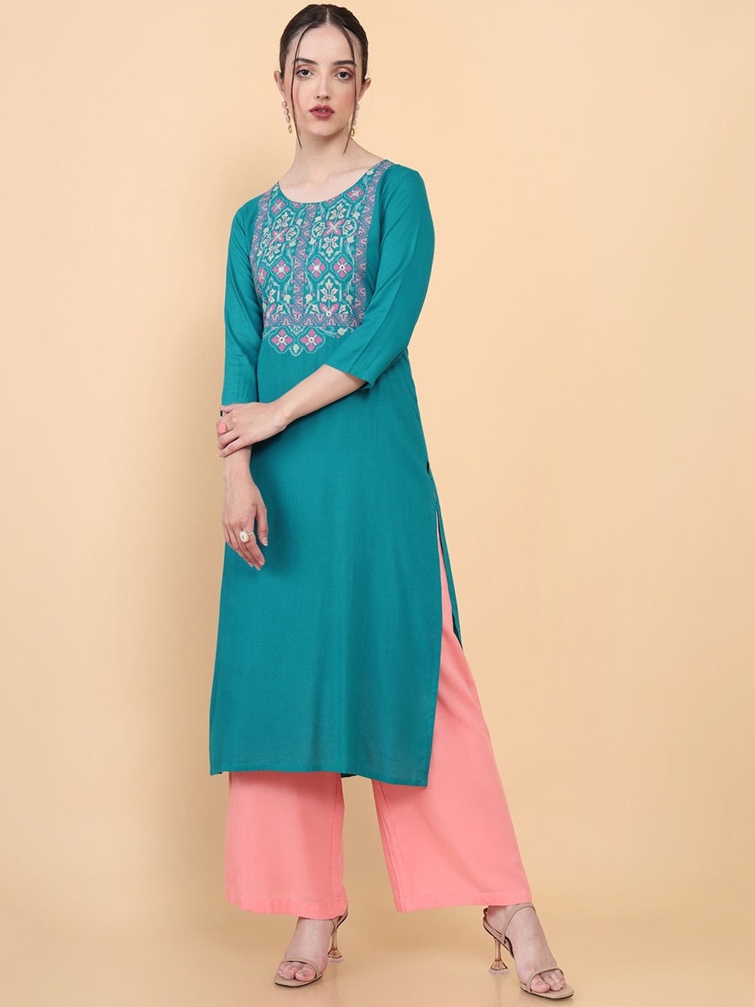 

Soch Women Teal Yoke Design Flared Sleeves Thread Work Kurta