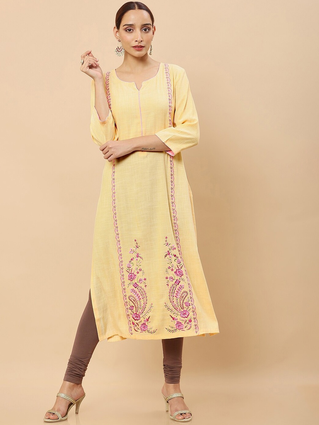 

Soch Women Yellow Floral Embroidered Flared Sleeves Thread Work Kurta