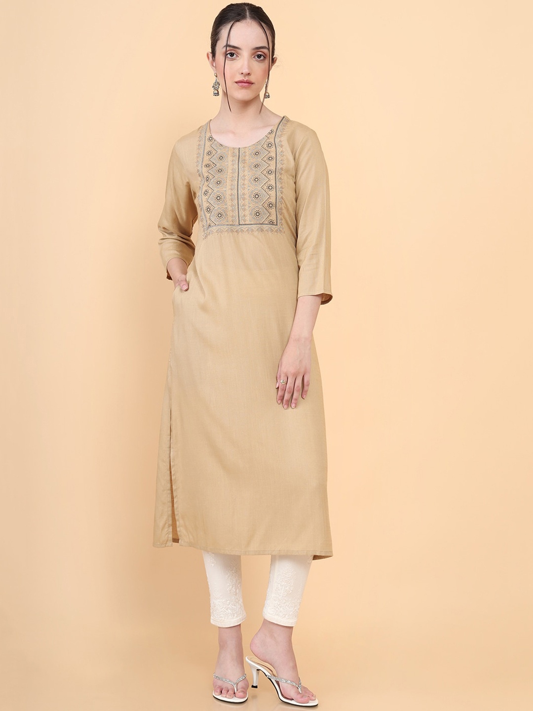 

Soch Women Beige Yoke Design Flared Sleeves Mirror Work Kurta
