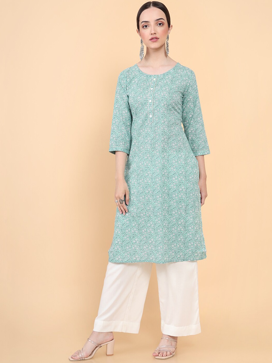 

Soch Women Turquoise Blue Geometric Embroidered Flared Sleeves Thread Work Kurta