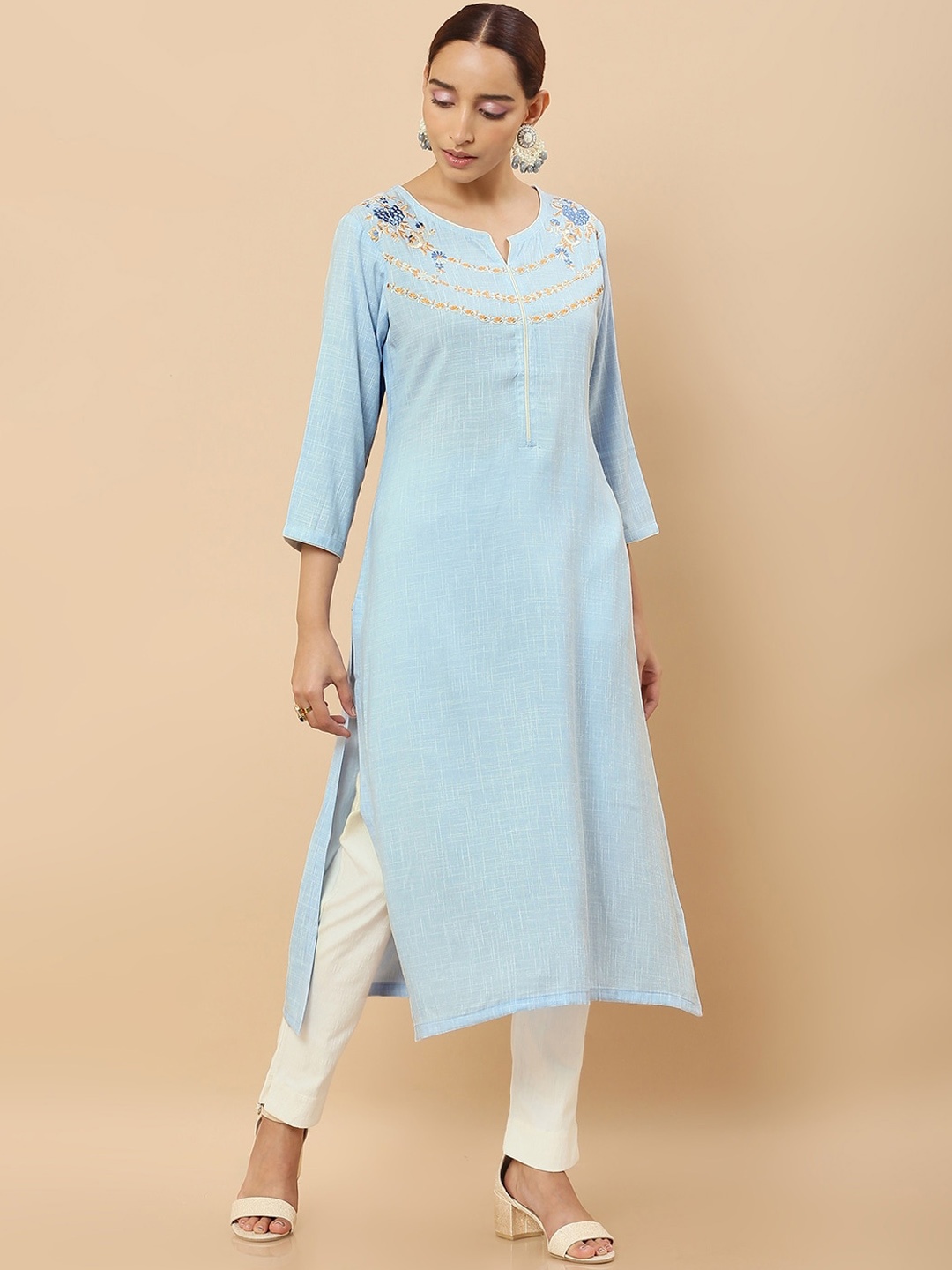 

Soch Women Blue Embroidered Flared Sleeves Thread Work Kurta