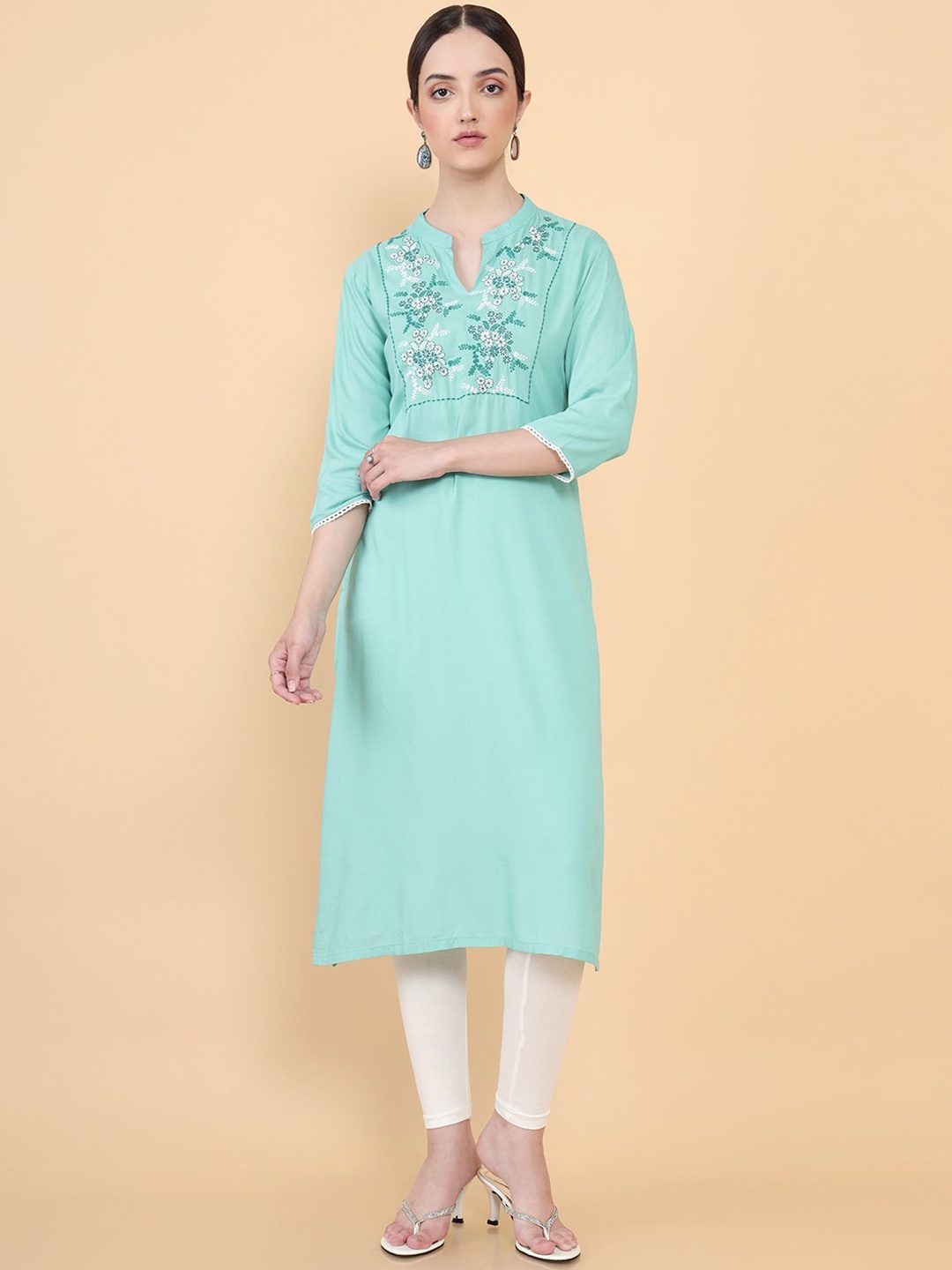 

Soch Women Turquoise Blue Geometric Embroidered Keyhole Neck Flared Sleeves Thread Work Kurta