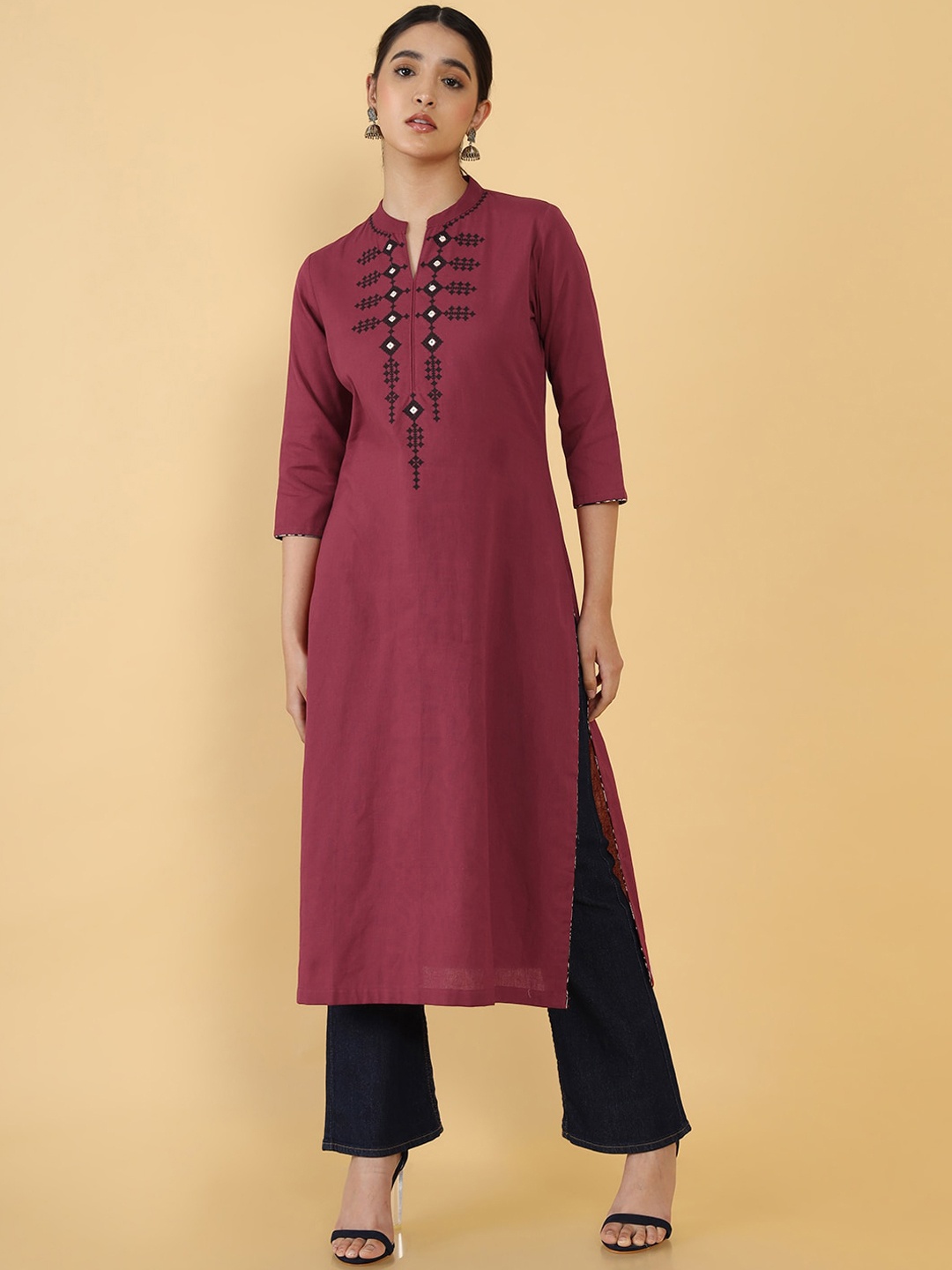 

Soch Women Maroon Geometric Embroidered Mirror Work Kurta