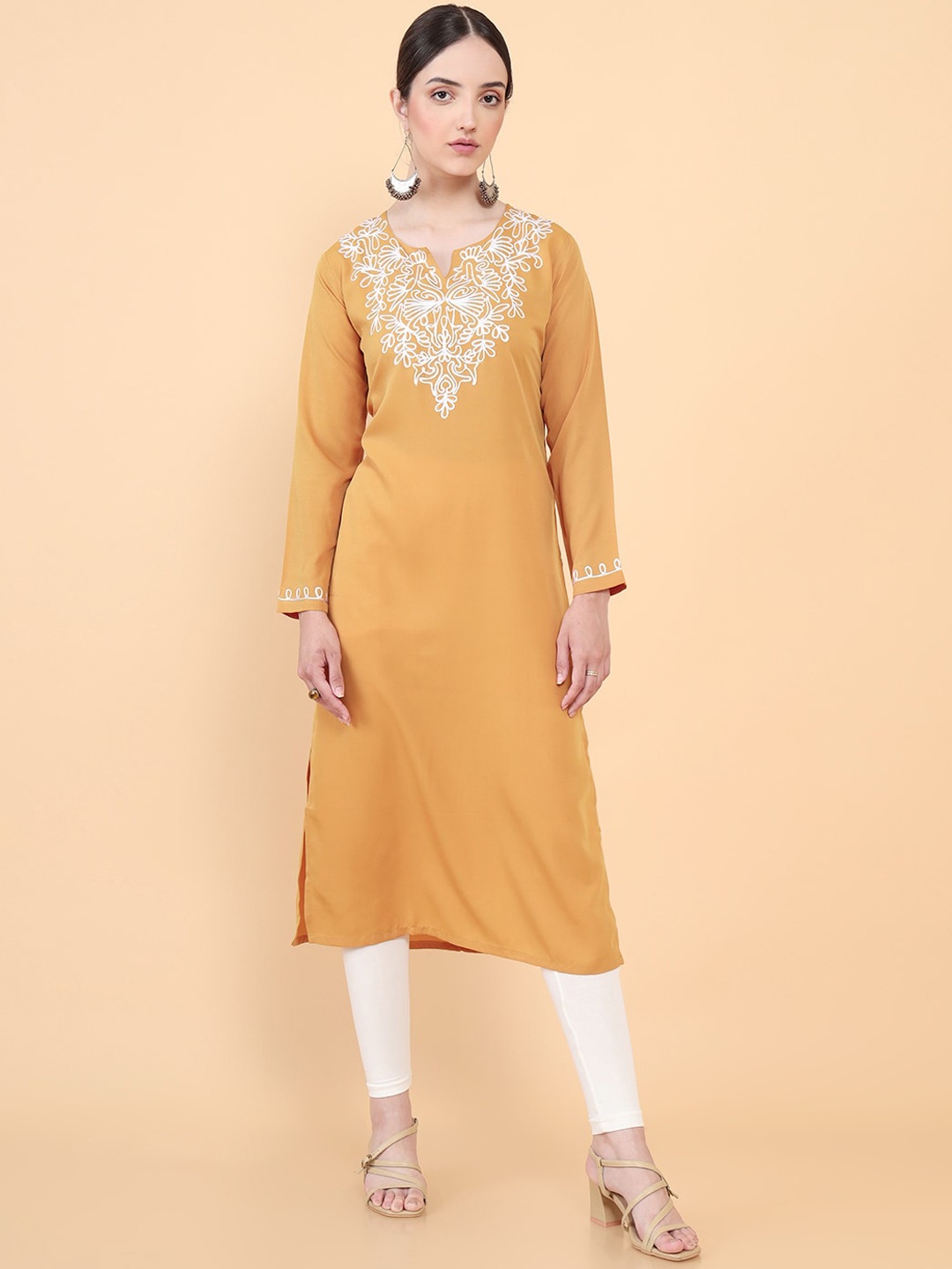 

Soch Women Yellow Yoke Design Flared Sleeves Thread Work Kurta