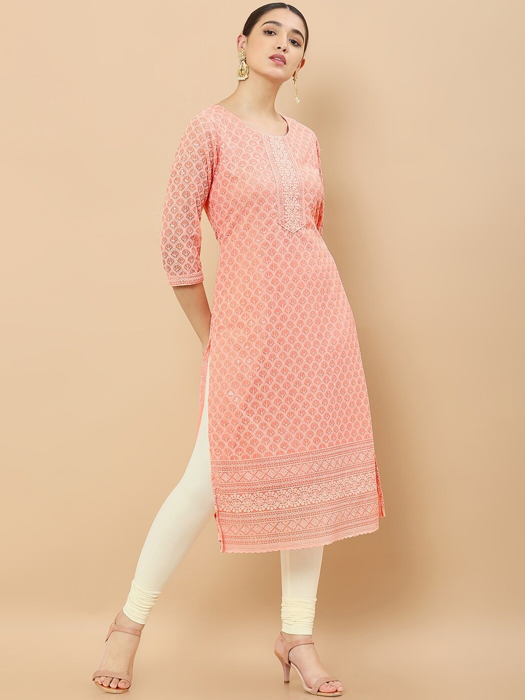 

Soch Women Peach-Coloured Geometric Flared Sleeves Thread Work Georgette Kurta