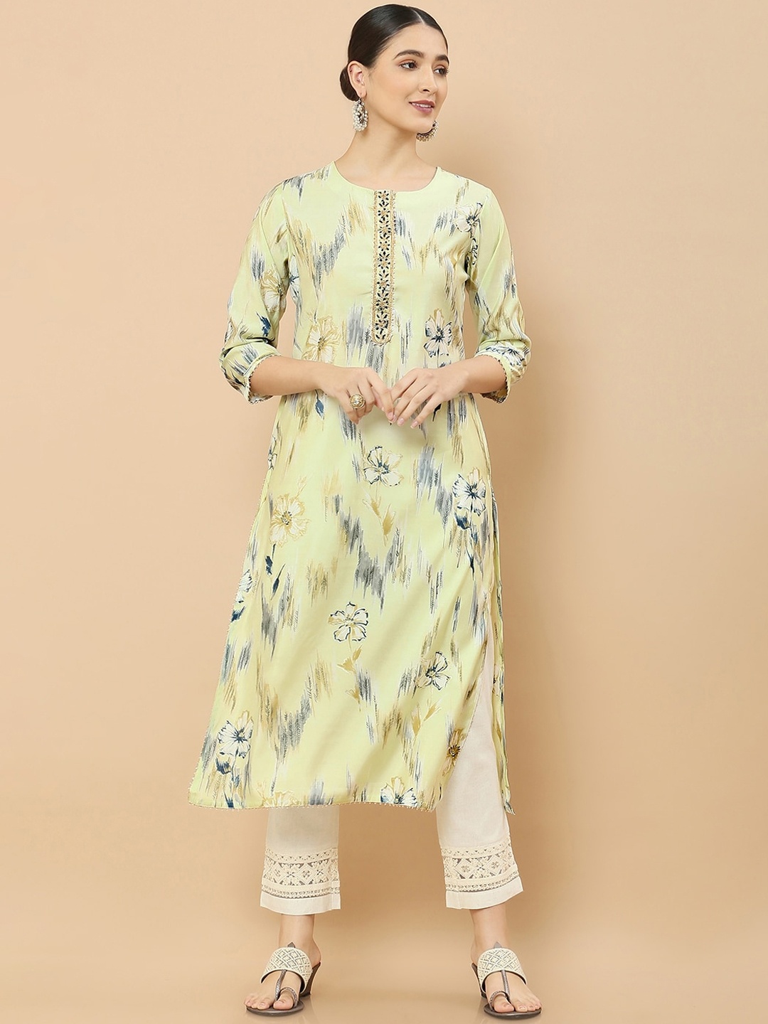 

Soch Women Green Dyed Keyhole Neck Gotta Patti Chanderi Silk Kurta