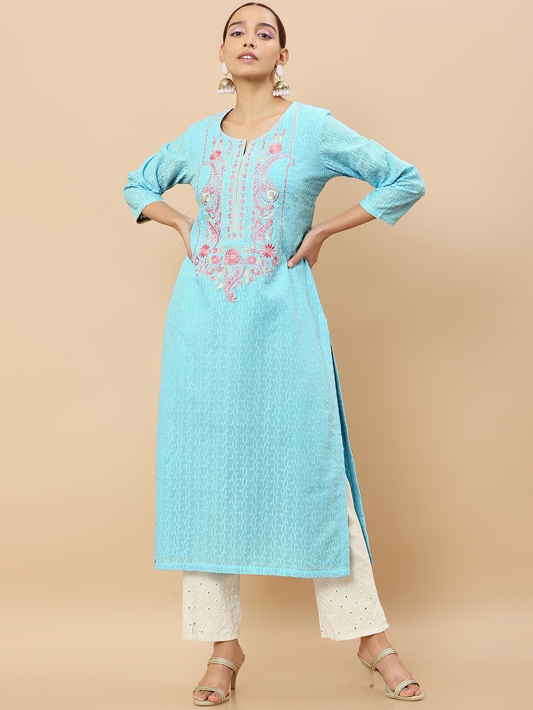 

Soch Women Blue Floral Embroidered Flared Sleeves Thread Work Kurta