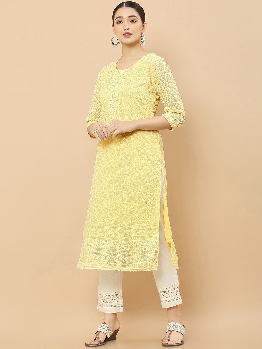 

Soch Women Yellow Embroidered Flared Sleeves Chikankari Georgette Kurta